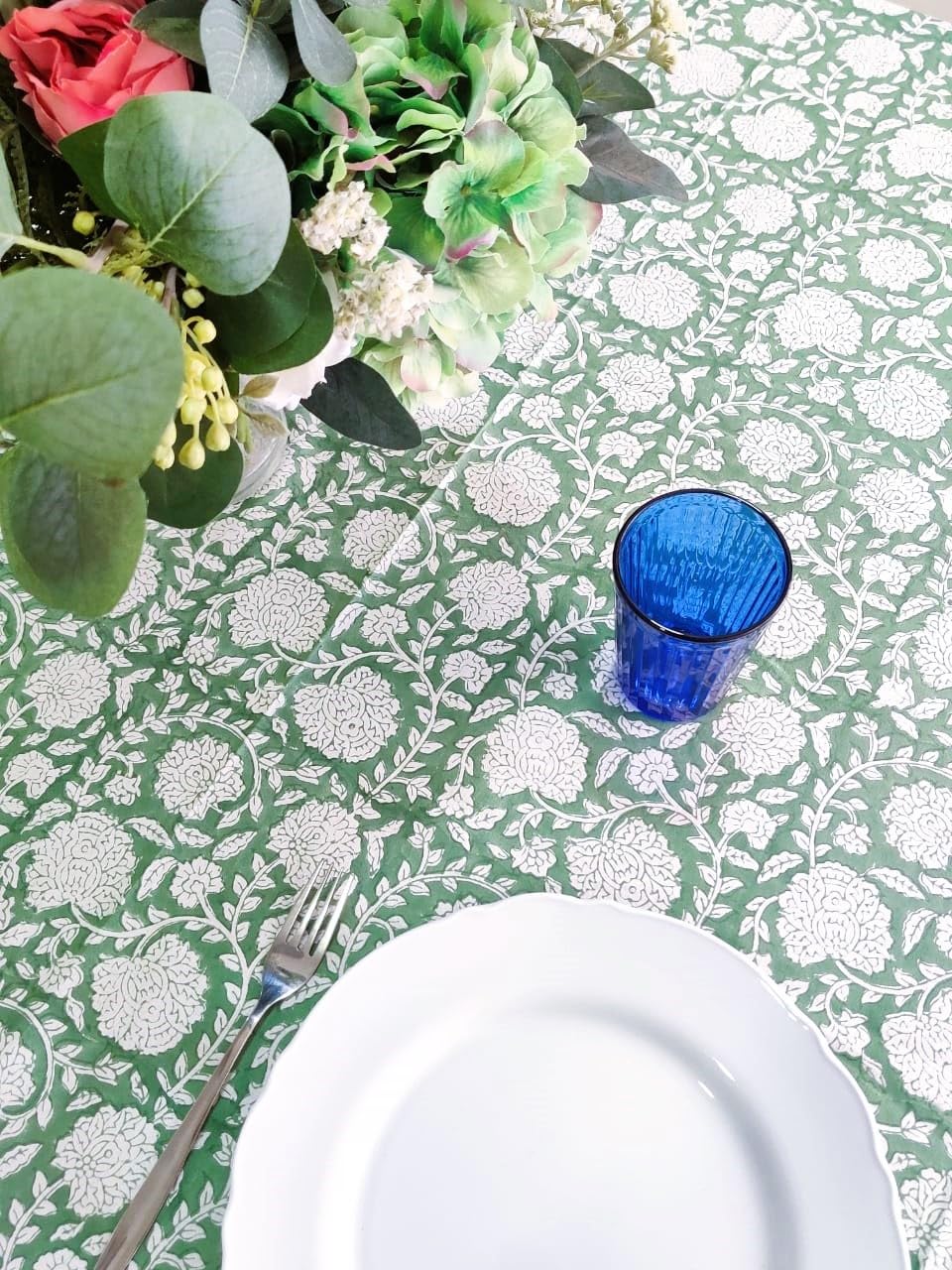 ATOSII Shalimar Green 100% Cotton Rectangle Fall Tablecloth, Handblock Floral Table Cloth Linen for Kitchen Dining I Parties Wed