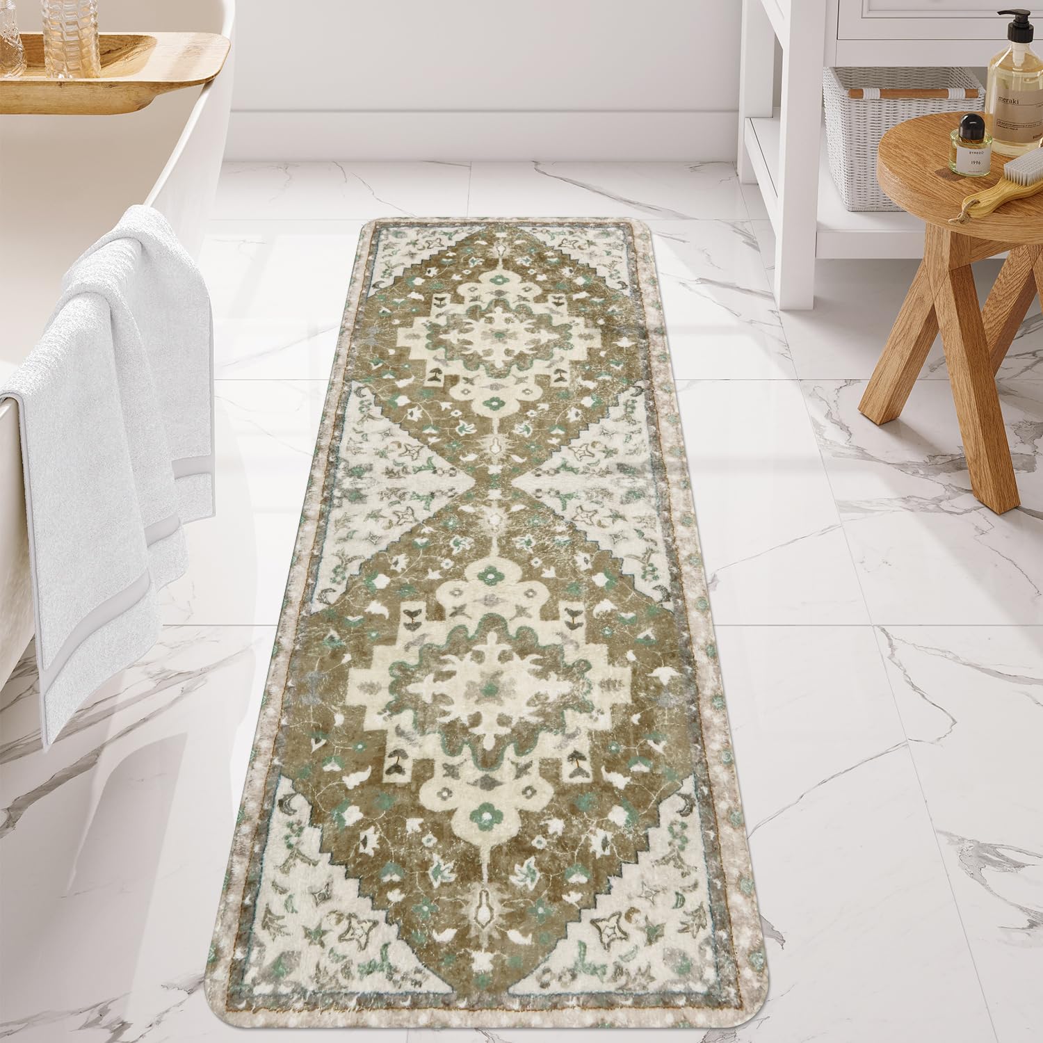 Uphome Boho Vintage Bathroom Runner Khaki Non-Slip Soft Long Bath Mat Oriental Tribal Machine Washable Bathroom Mat Cute Aesthet