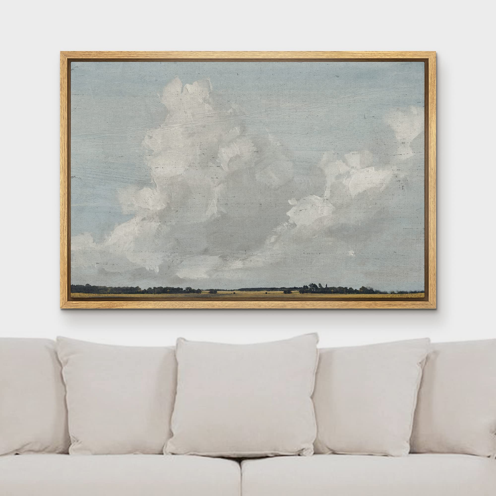 Mudecor Framed Canvas Print Wall Art Gray Clouds Over Rustic Field Landscape Nature Wilderness Illustrations Modern Art Farmhous