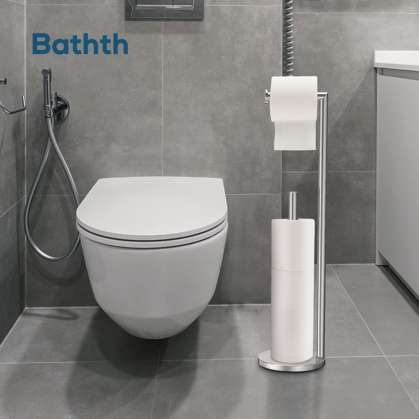 Toilet Paper Stand Brushed Nickel  Free Standing Toilet Paper Holder with Storage by Bathth