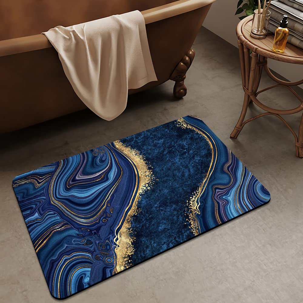 Zhuzhishan Bath Mat Rug,Dark Blue Gold Marblenon Slip Quick Dry Super Absorbent Thin Bathroom Rugs Fit Under Door-Easy To Clean