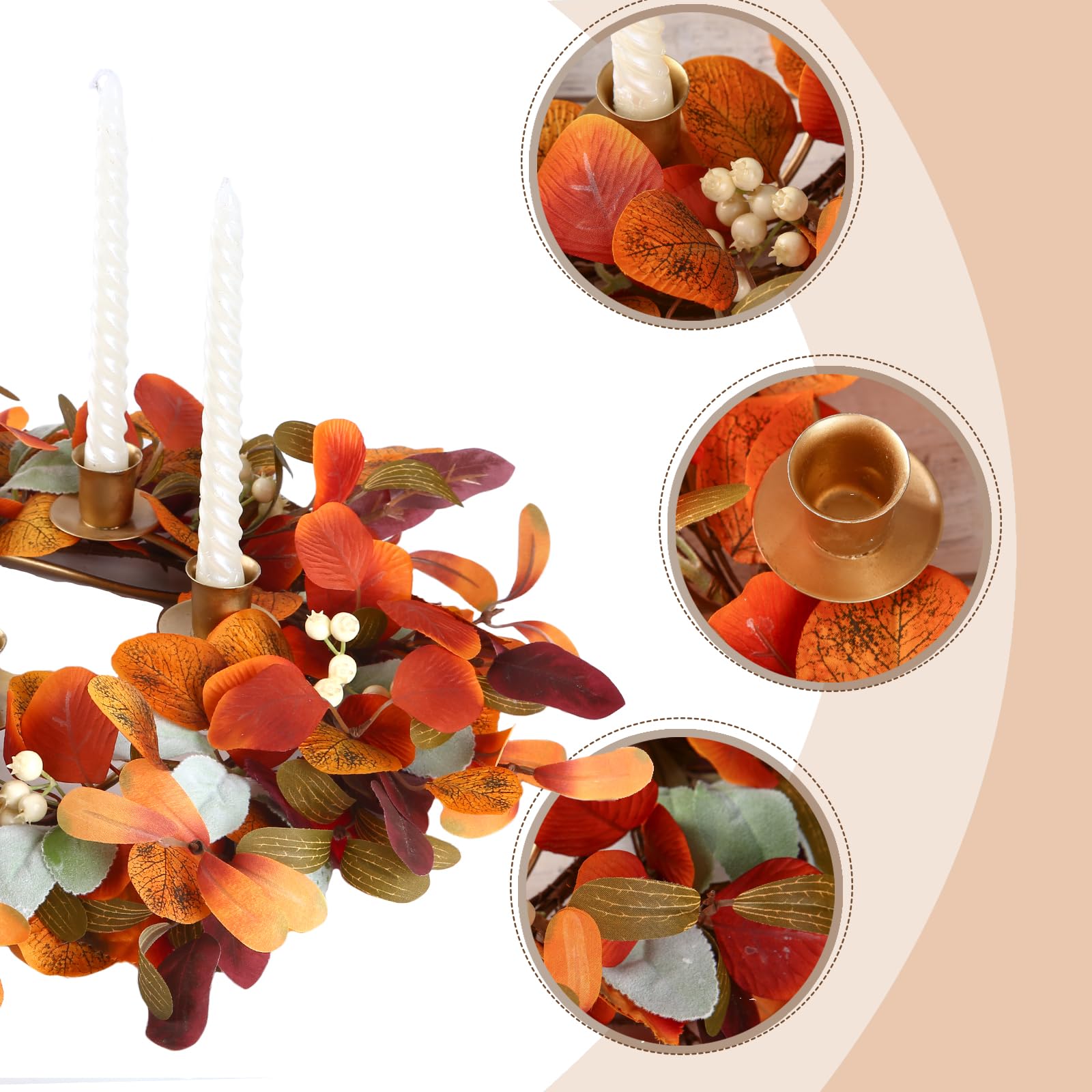 CIR OASES 12 inch Fall Candle Wreaths Artificial Lambs Ears Leaves Garland with Berries Autumn Candle Rings for Pillars Wedding