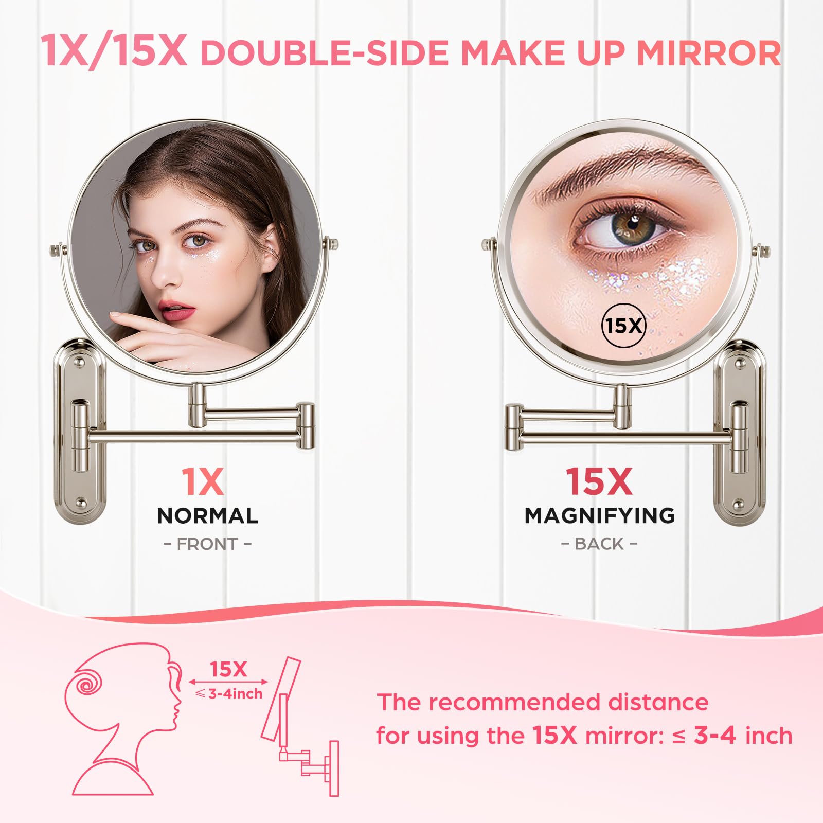 Vorremirr Wall Mounted Makeup Mirror, 1X/15X Magnifying Mirror With 8.5'' Double Sided, Vanity Makeup Mirror For Bathroom, Brush