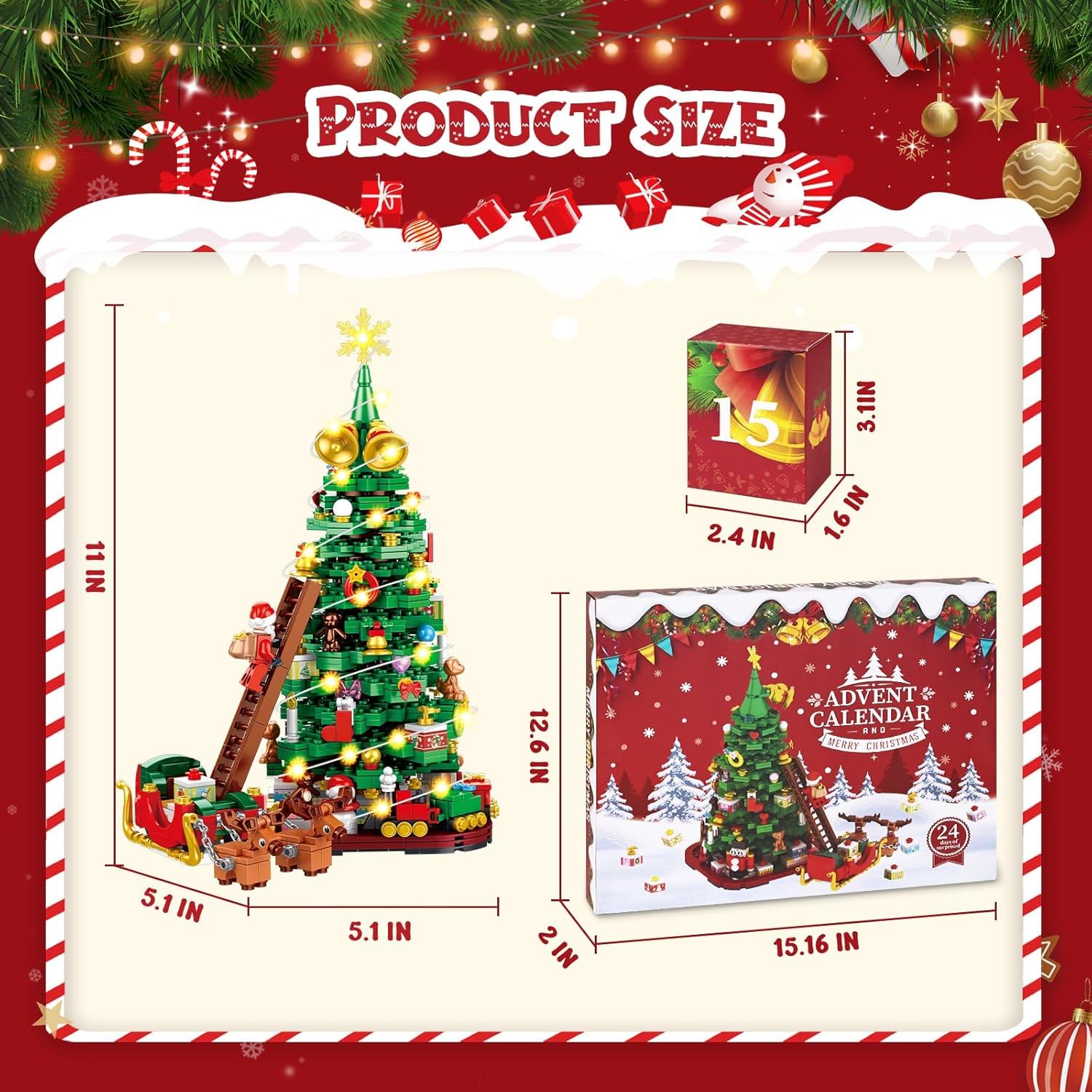 Siyaluens Advent Calendar 2025 - Christmas Tree Building Block Set, 1011 Pieces Christmas Santa Claus Moose Toy Decorations Buil