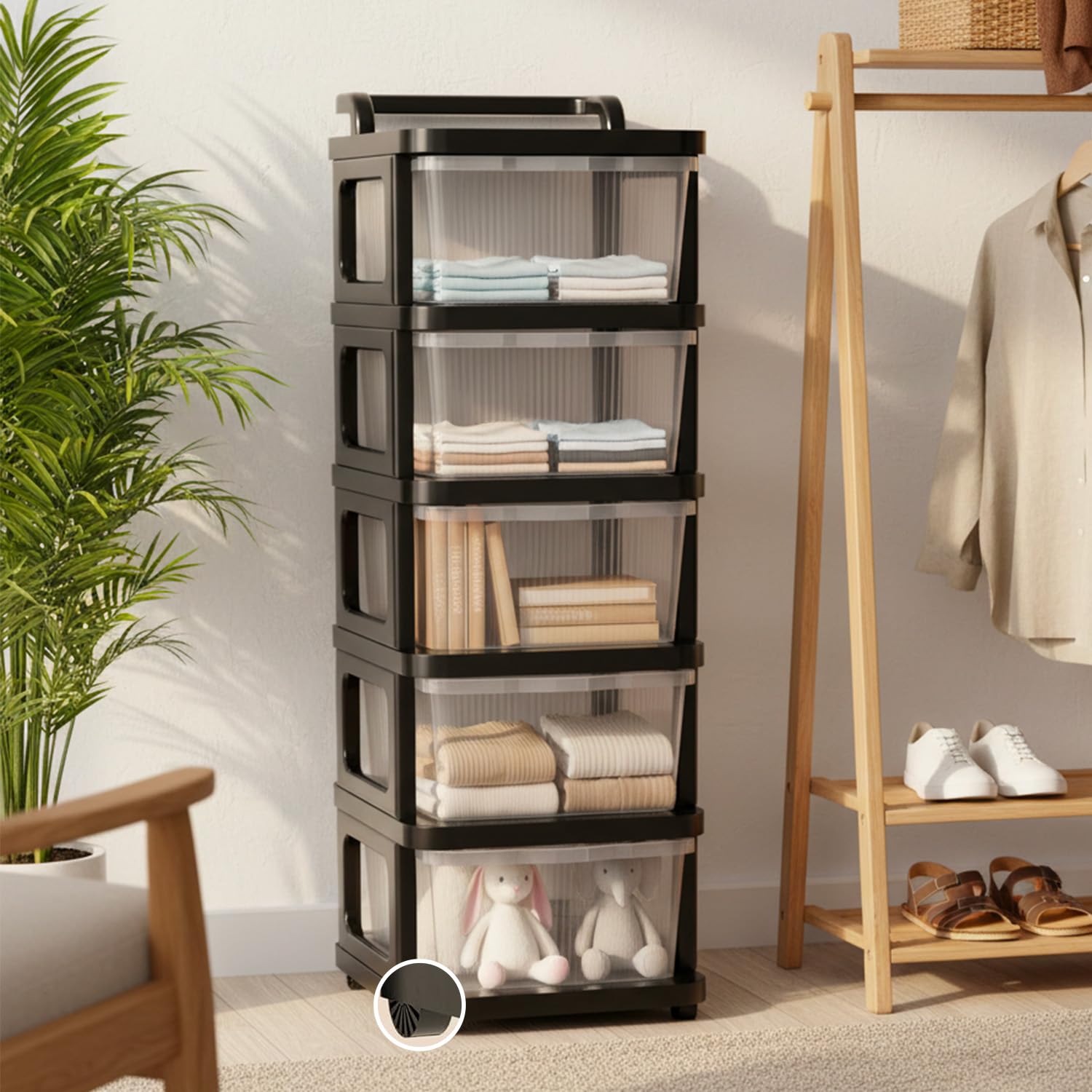 Prettykrafts 5Layer Heavy Duty Plastic Storage Drawer With Wheels | Stackable Modular Cabinet For Home & Office | MultiPurpose