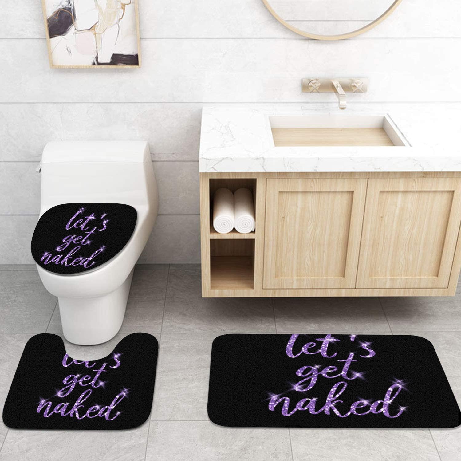 Artsocket 4Pc Purple Let'S Get Naked Shower Curtain Sets Gold And Black Bathroom Decor With Rugs, Non-Slip Rug,Toilet Lid Cover,