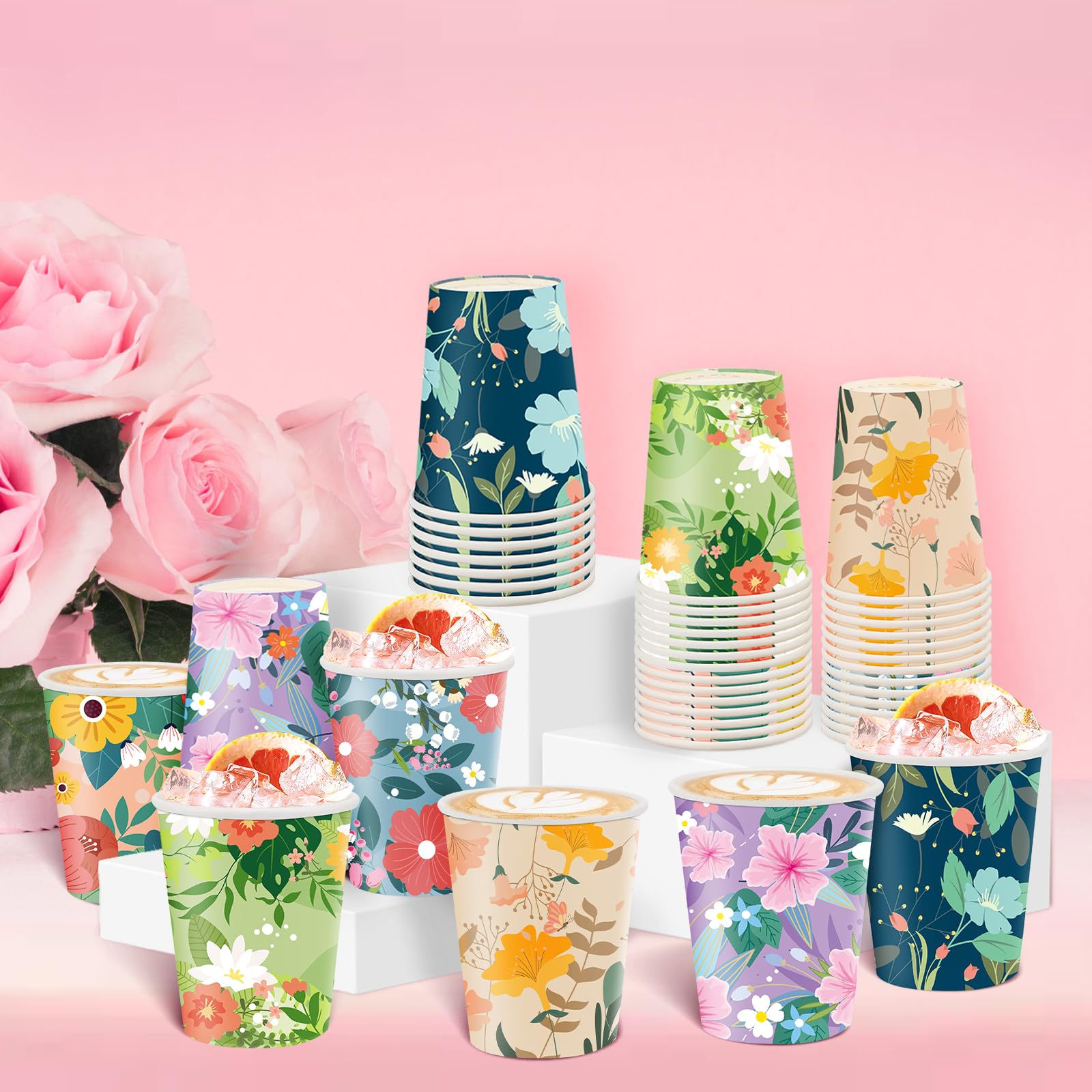 Disposable Paper Cup 9Oz 48 Pcs - 6 Unique Floral Designs Drinking Cup, Perfect For Spring Birthday Parties, Easter, Bridal Show