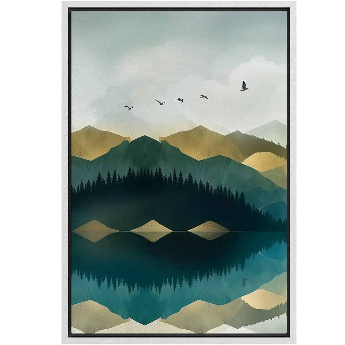 Signford Framed Canvas Print Wall Art Birds Soaring Over Mountain Reflection Nature Wilderness Illustrations Modern Art Decorati