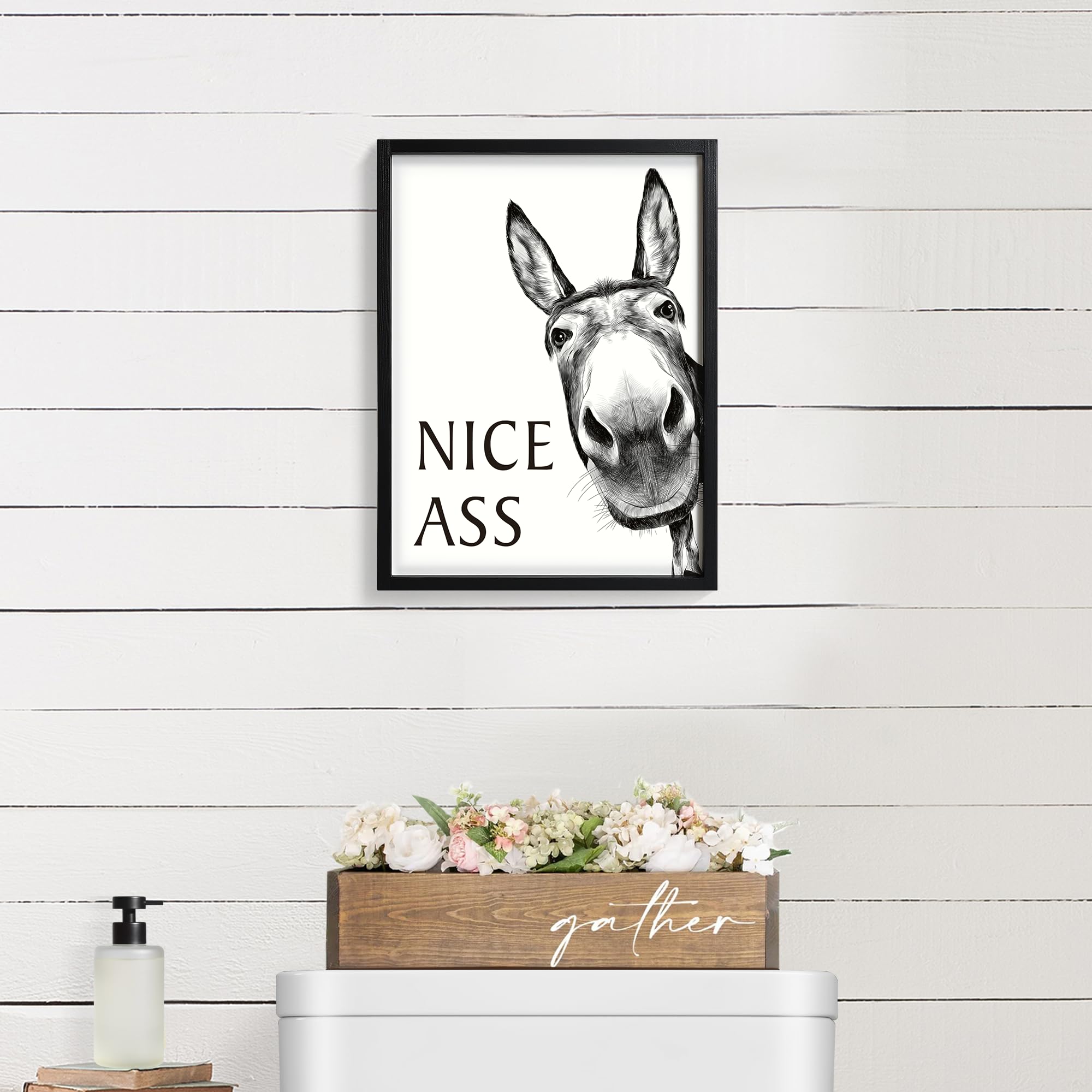 Framed Bathroom Wall Art, Donkey In Bathroom For Bathroom Wall Decor Farmhouse Home Bathroom Decor Sets Funny Bathroom Signs (8'
