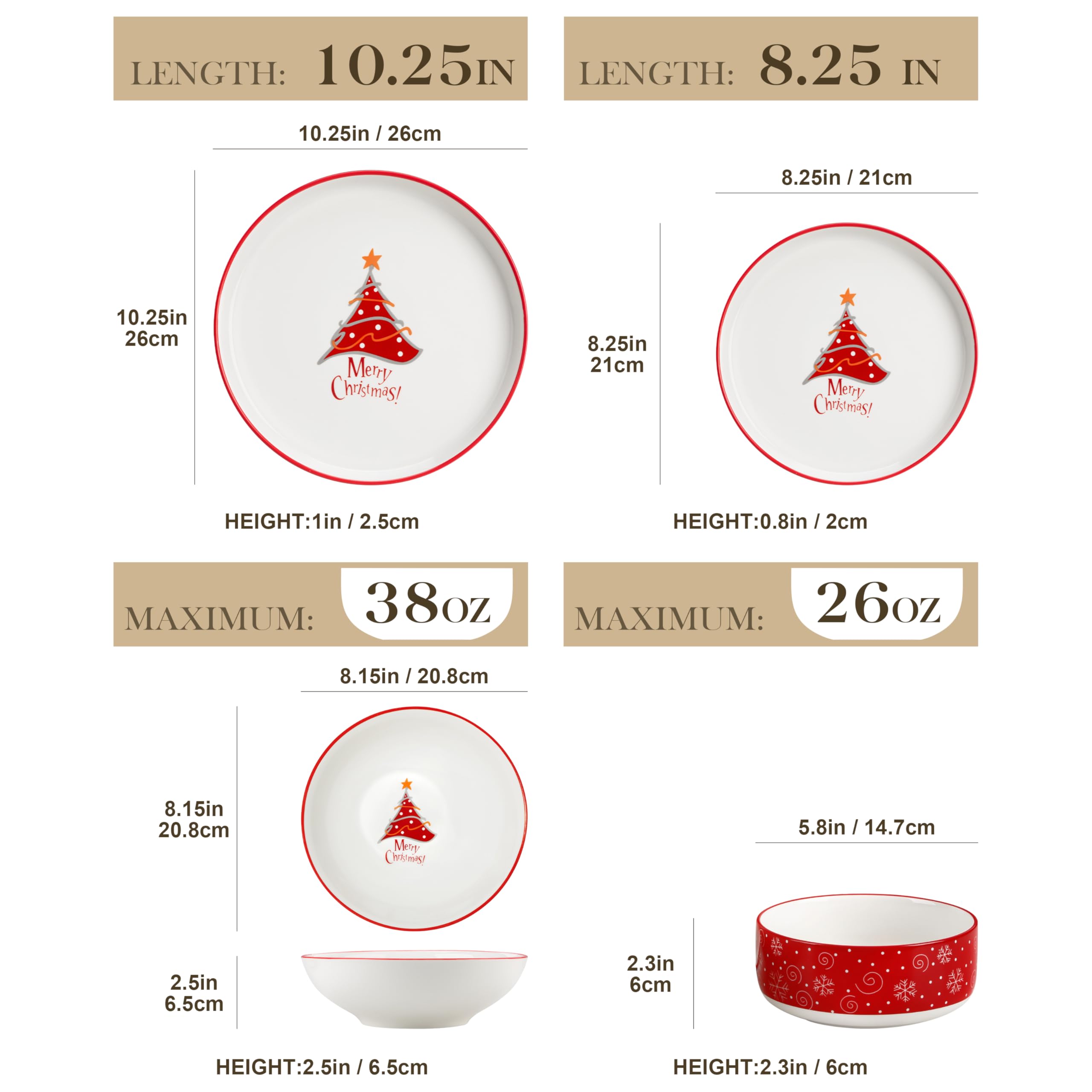 MALACASA Plates and Bowls Sets, 24 Pieces Christmas Porcelain Dinnerware Set for 8, Ceramic Dishware Dishes Kitchen Dining Ware
