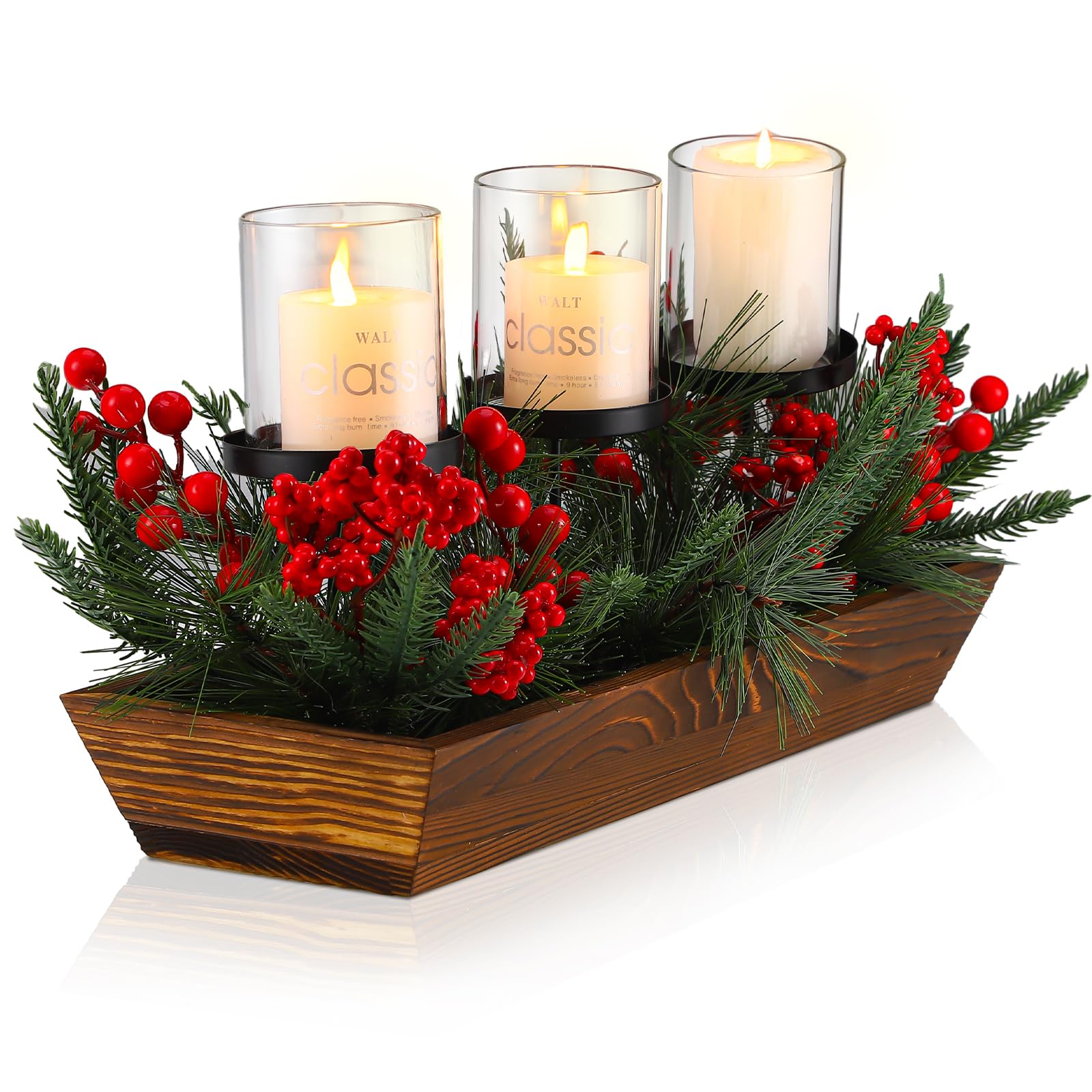 Suttmin 3 Pillar Christmas Table Centerpiece Christmas Candle Holder Artificial Red Berries Pine Cones with Steal Base Frosted B