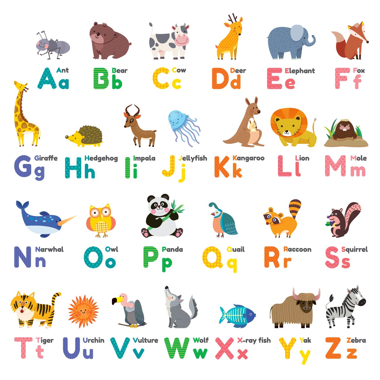 DECOWALL Kids Wall Stickers - Colourful Animal Alphabet Decals for Nursery & Bedroom, Peel and Stick, Removable, Model 1