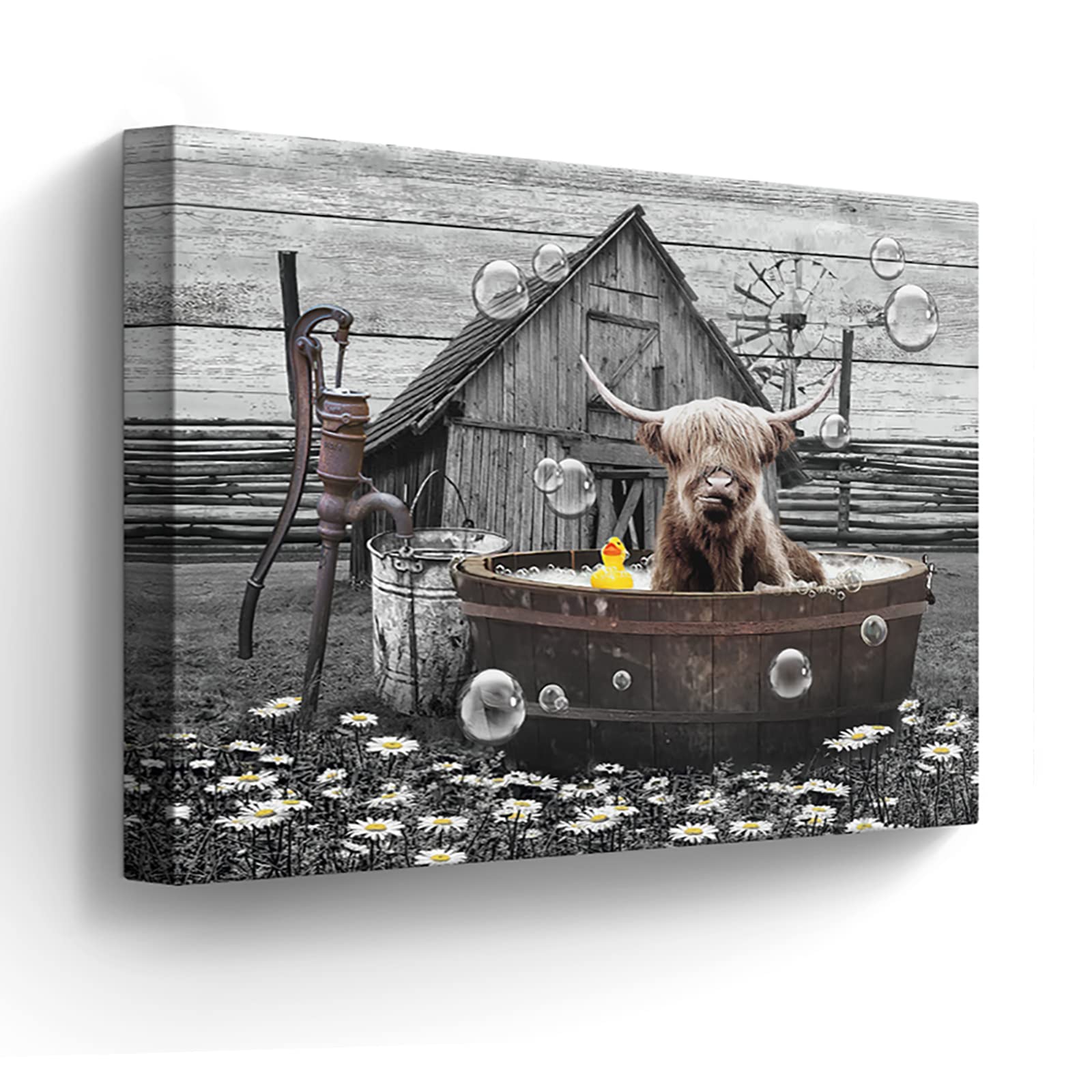 Farmhouse Bathroom Decor Wall Art Funny Highland Cow In Bathtub Pictures Wall Decor Rustic Bathroom Cow Painting For Bathroom To
