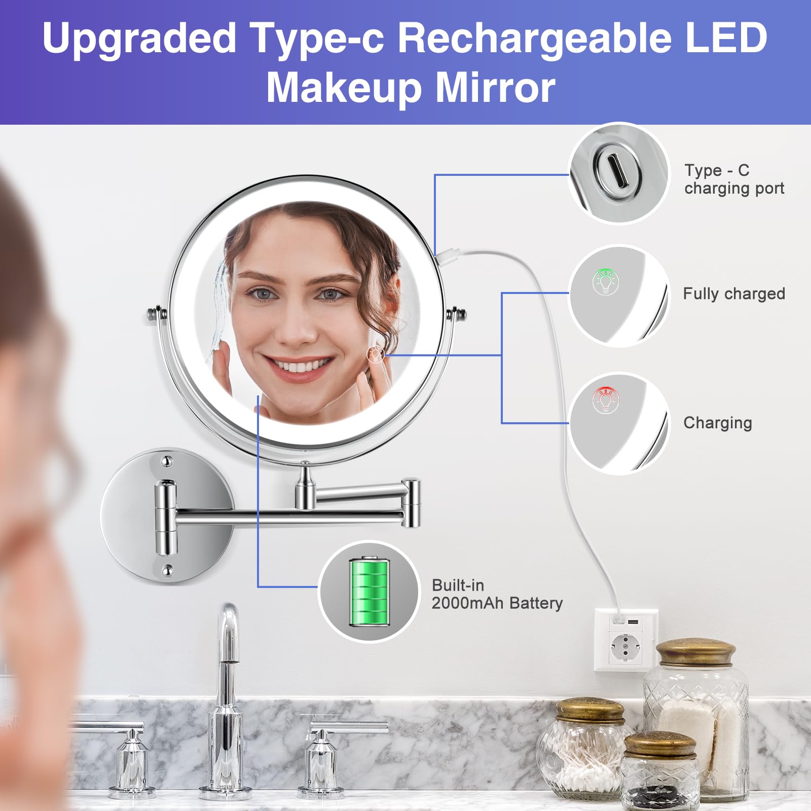 Greenfrom Wall Mounted Lighted Makeup Mirror: 8.5 Inch Double Sided Makeup Mirror With 1X/15X Magnification For Vanity, Bathroom