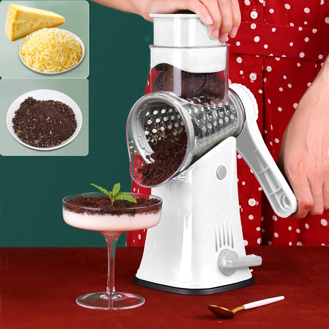 Rotary Cheese Grater Shredder 5-In-1 Tumbling Box Mandoline Vegetable Julienne Slicer Waffle Cutter Nut Chopper With Handle And