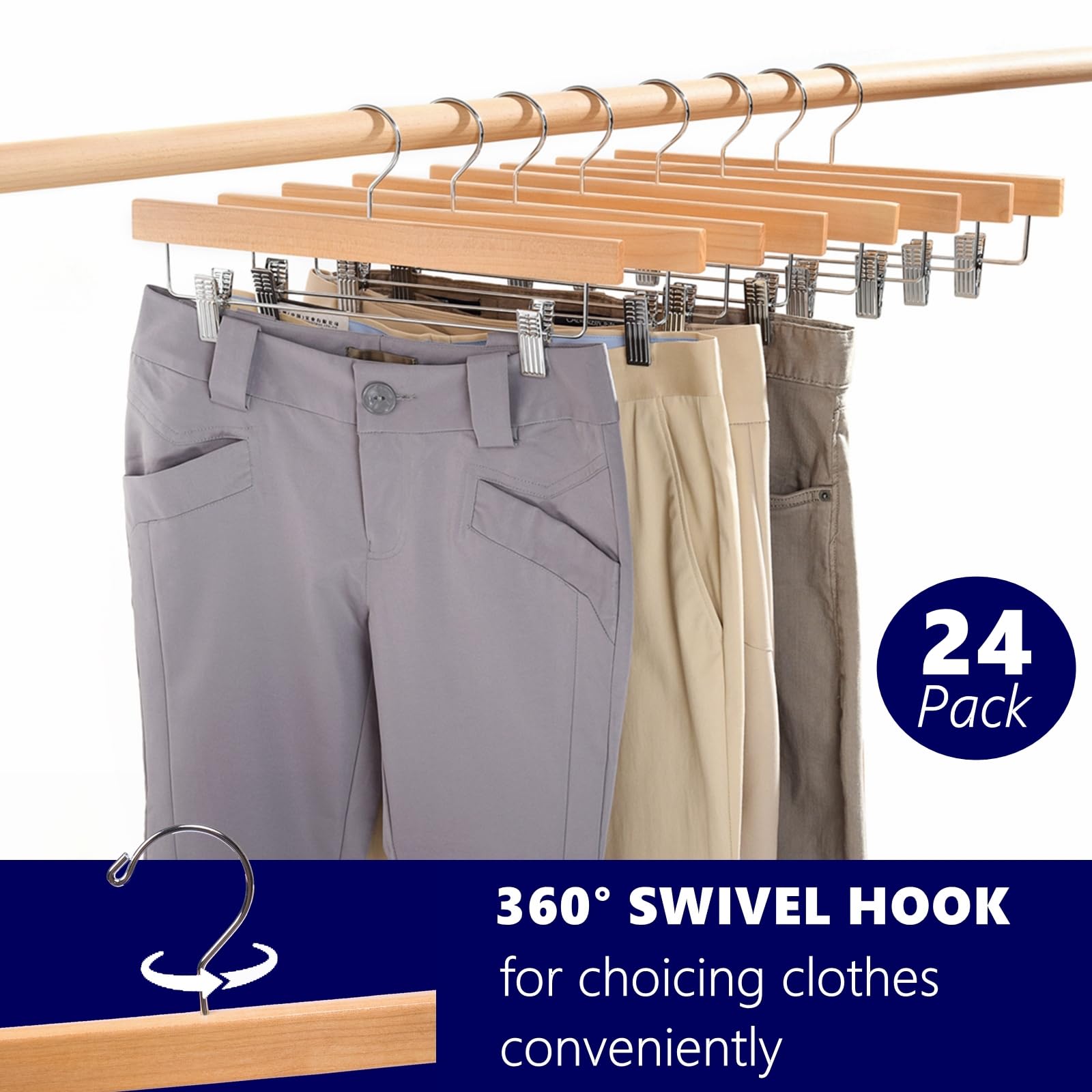 Amber Home 24 Pack Natural Wooden Pants Hangers With Clips, Wood Skirt Hangers Trouser Hangers For Jeans, Slacks, Shorts With 2-