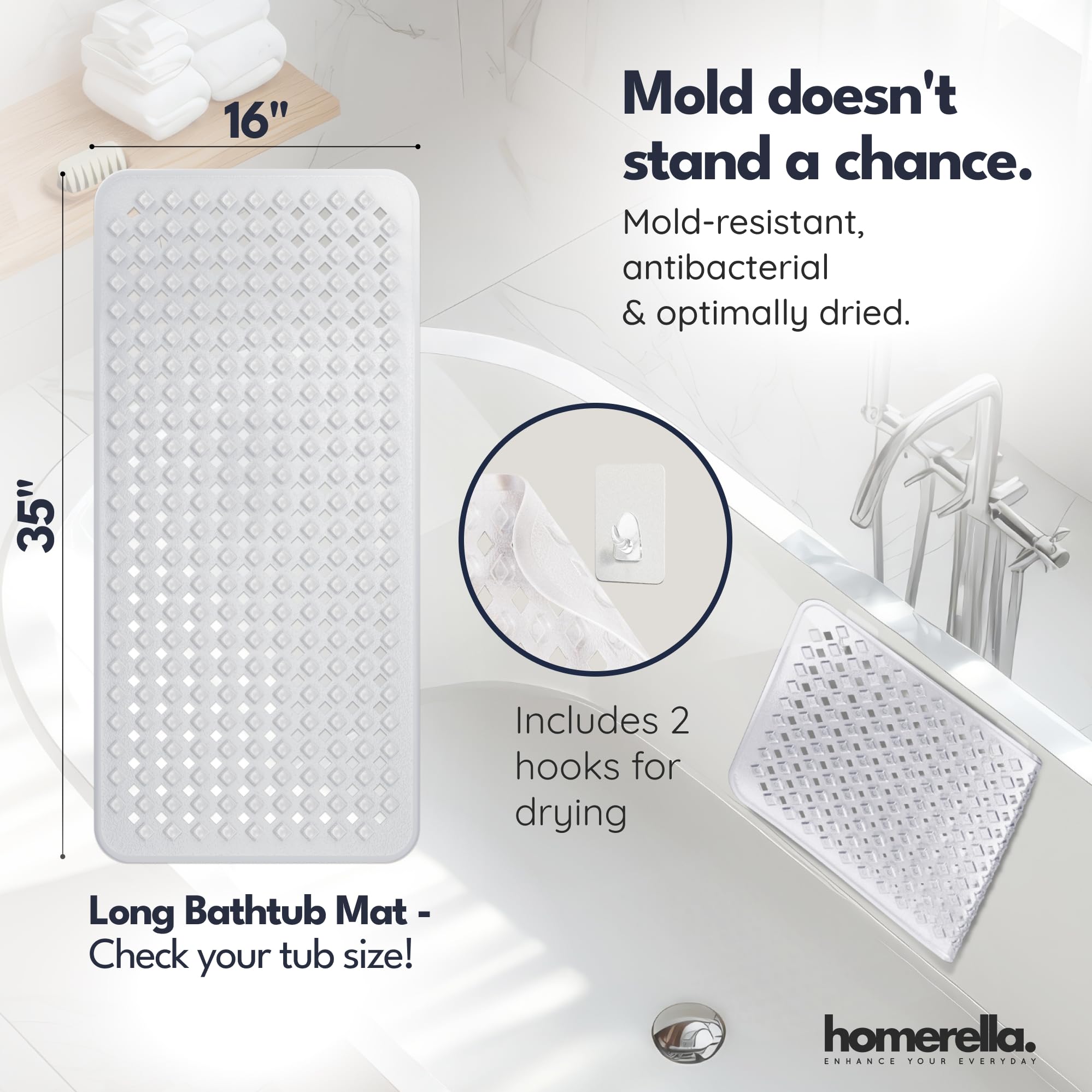 Homerella Bathtub Mat Anti-Slip Skin Sensitive 34.5 x 15.5 inches  INCL. Hooks for Hanging | Anti-Slip Tub Mat | Shower Mat Machine Washable | Bath Mat for Tub Anti-Slip (Clear)