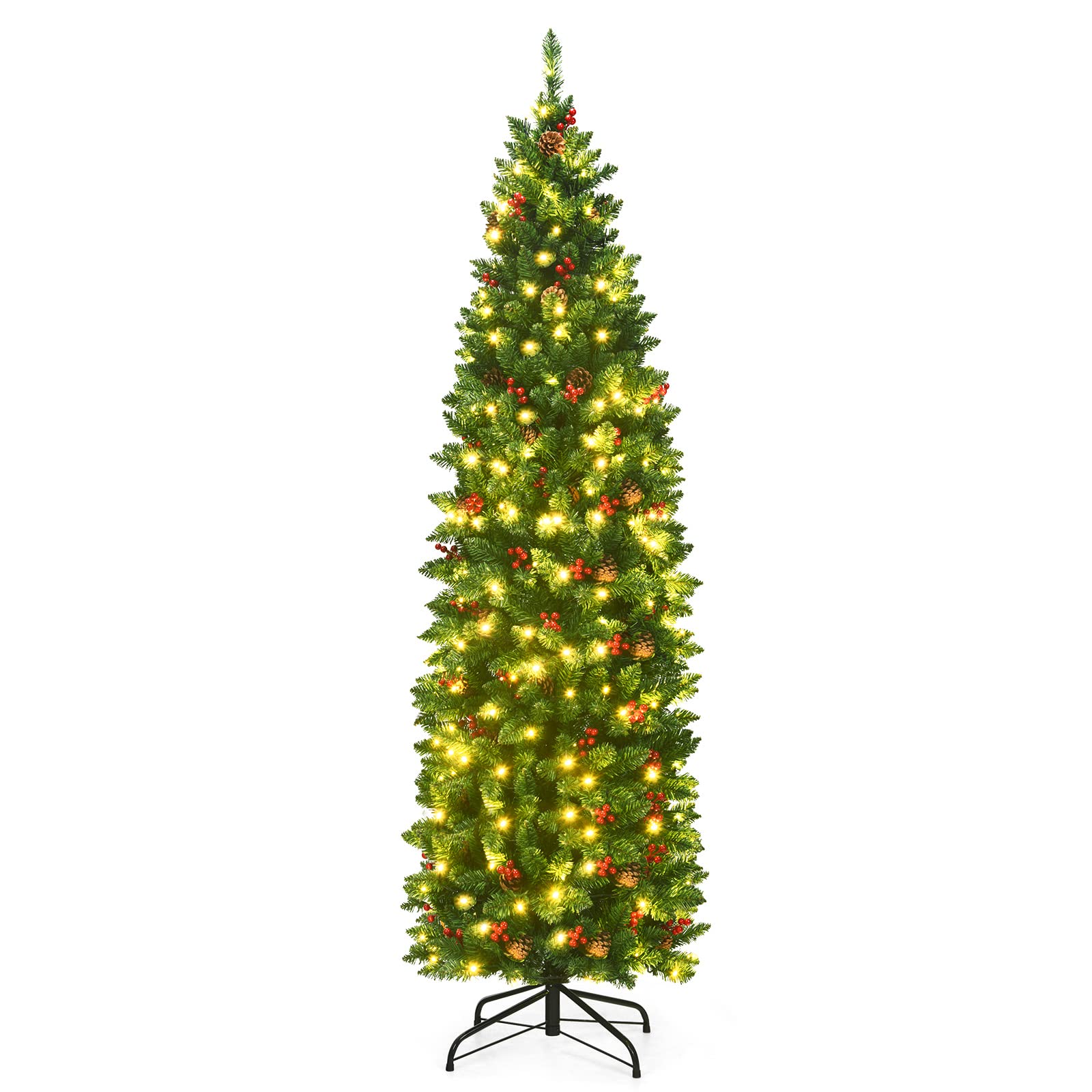 DREAMADE 6.5ft Pre-Lit Artificial Pencil Christmas Tree, Slim Xmas Tree w/ 806 PVC Branch Tips, 250 LED Lights, 62 Pine Cones& R