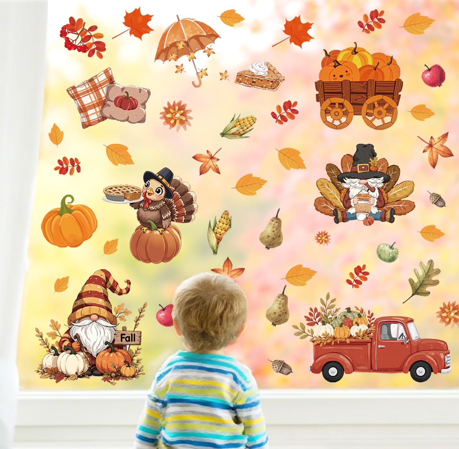 Aryroi Fall Gnome Window Clings,Fall Window Clings for Glass,Thanksgiving Turkey Sticker,Autumn Leaves Truck Pumpkin Pie Wall St