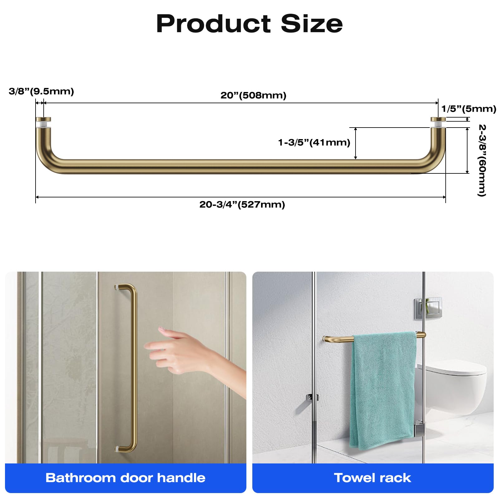 Ranbo Glass Shower Door Towel Bar 20 Inch Stainless Steel Sliding Shower Door Handle Replacement With Satin Gold Finish For Comm