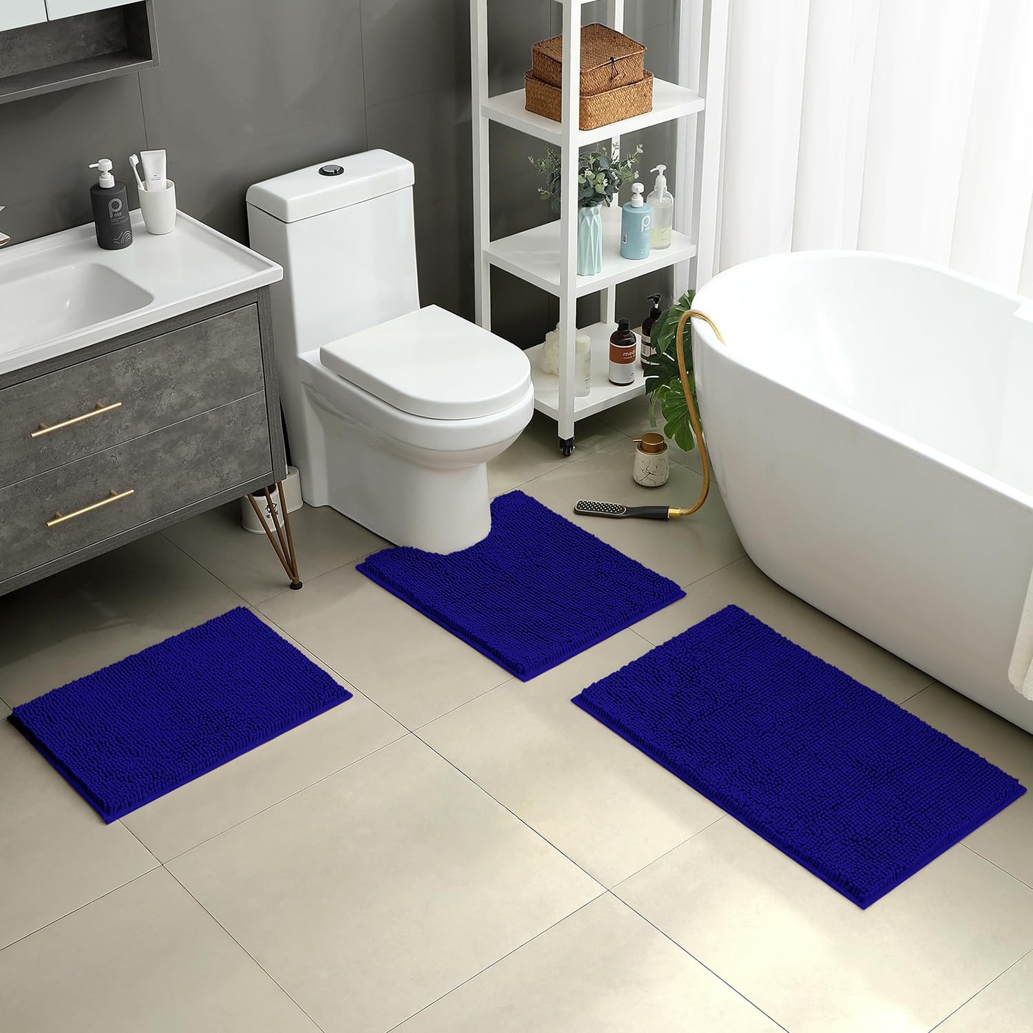 HOMEIDEAS 3 Pieces Bathroom Rugs  Ultra Soft Non Slip Absorbent Chenille Toilet Bath Mat Set (Royal Blue)