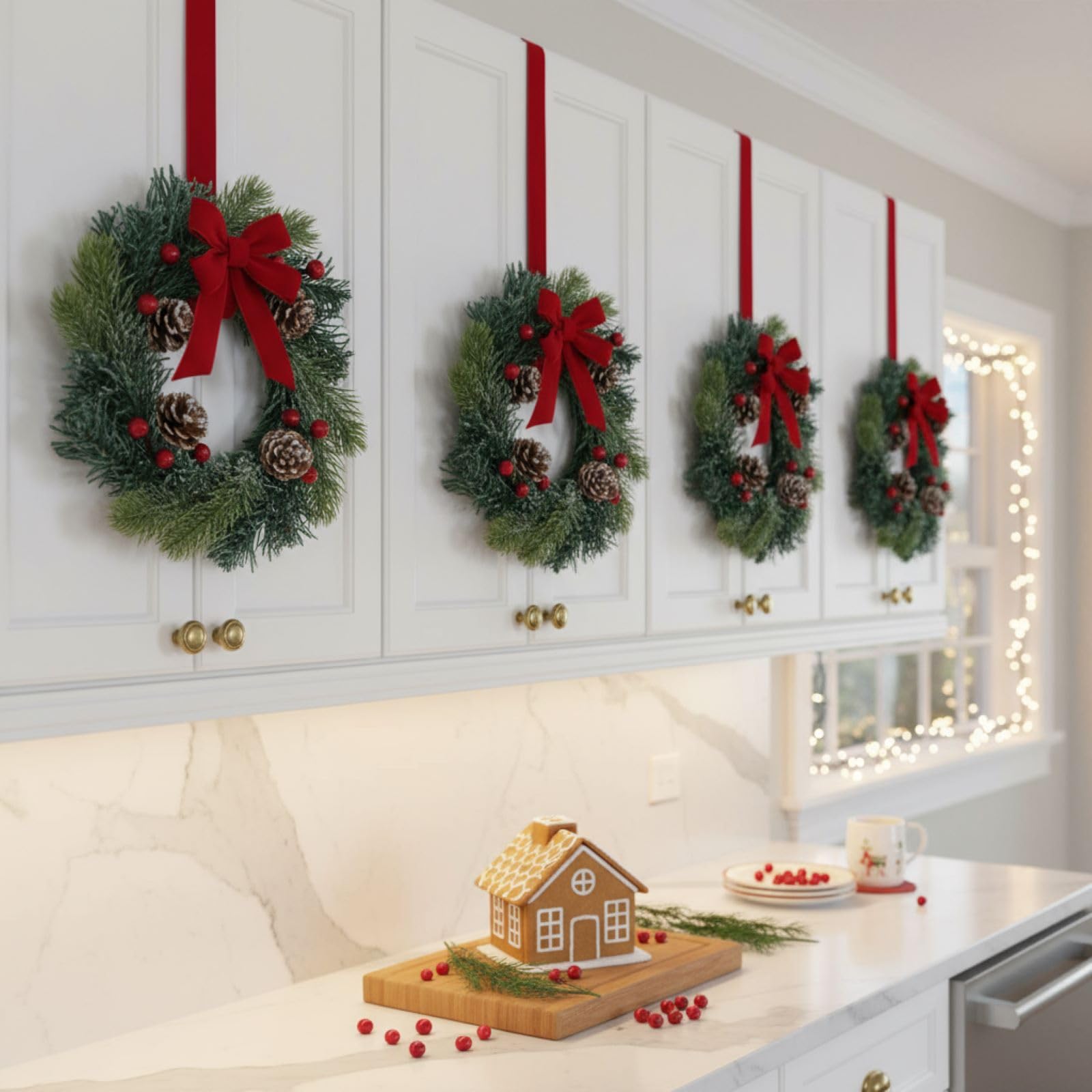 Jexine 12 Pieces Mini Christmas Wreaths for Kitchen Cabinet Small Christmas Candle Rings Wreaths Pillars Candle Rings Table Cent