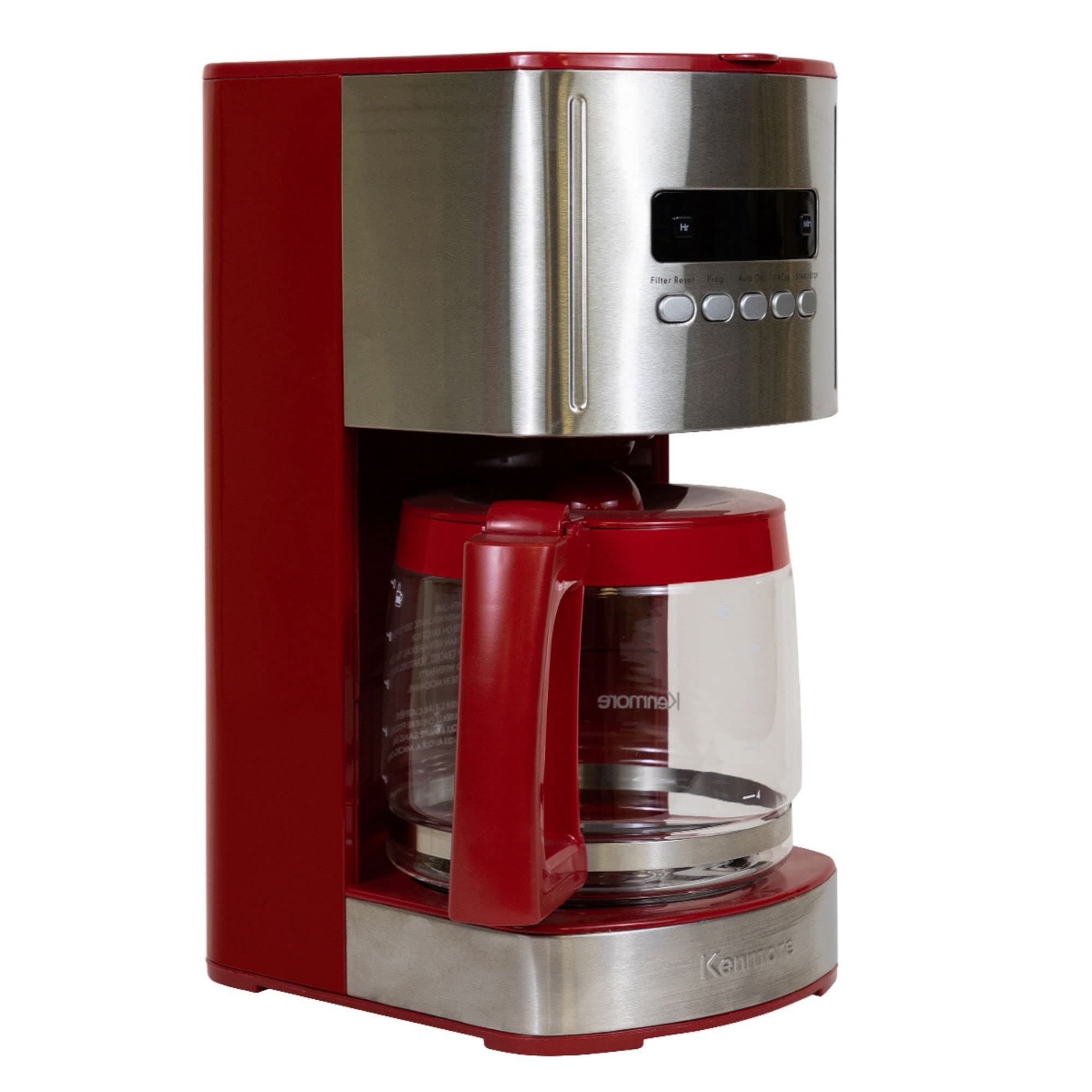 Kenmore Aroma Control 12-Cup Programmable Coffee Maker, Red And Stainless Steel Drip Coffee Machine, Glass Carafe, Reusable Filt