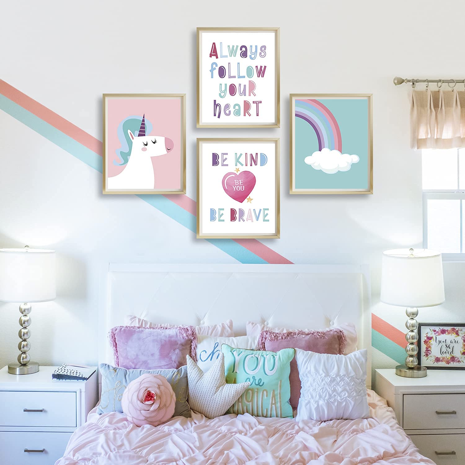 Rainbow Unicorn Theme Inspirational Words Art Print, Unicorn Art Poster For Nursery, Girls Kids Bedroom Wall Decor, Wall Decor F