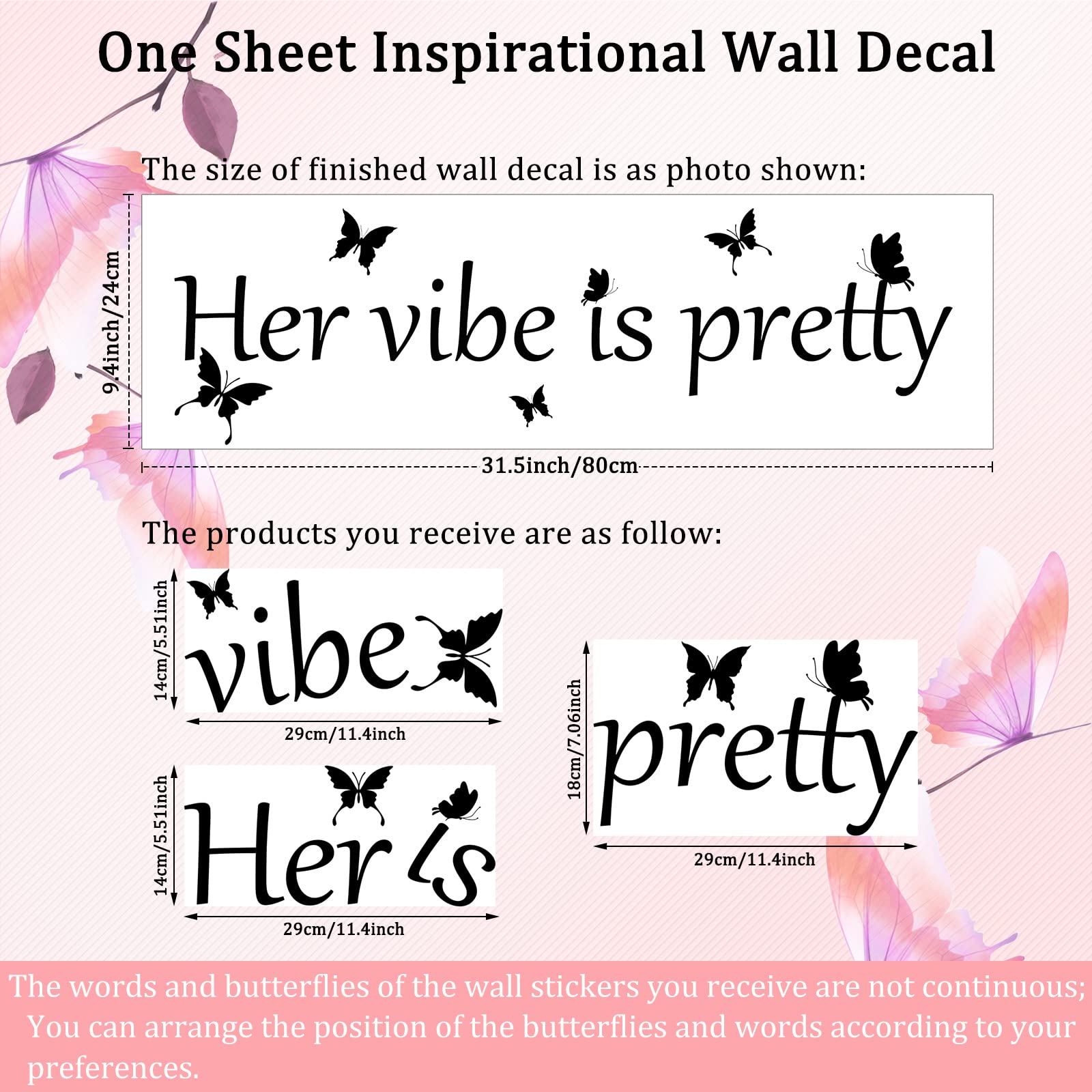 Her Vibe Is Pretty Wall Decal Decor Vivid Butterflies Wall Sticker Inspirational Quotes Positive Wall Decal Sticker For Women, T