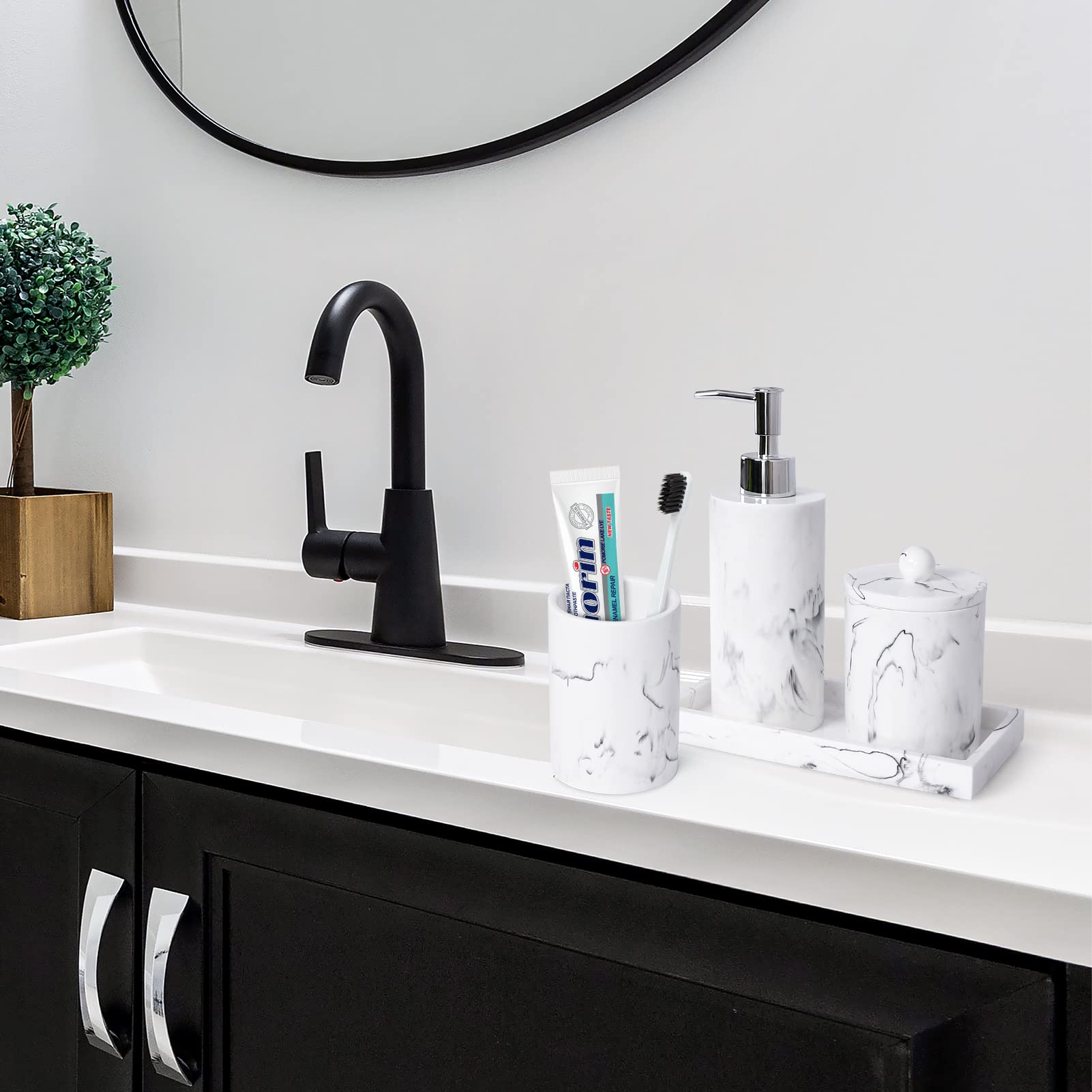 Haturi Bathroom Accessory Set, 4 Pcs Marble Look Bathroom Accessories Sets Complete With Soap Dispenser, Toothbrush Holder, Apot