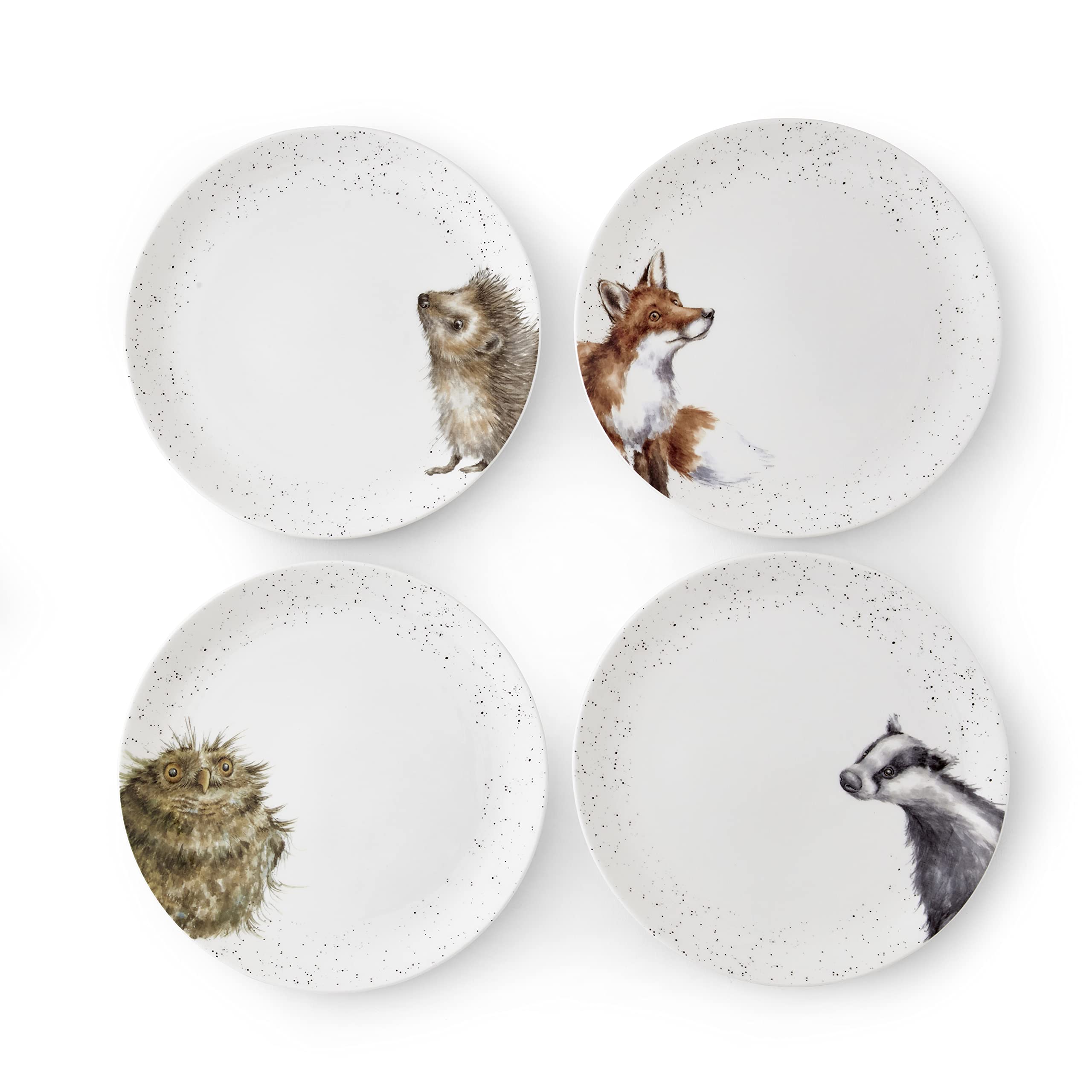 Wrendale Designs Royal Worcester Ceramic Plate in Two Sizes Hedgehog Badger Fox and Owl Set of 4 (26 CM Dinner Plate)