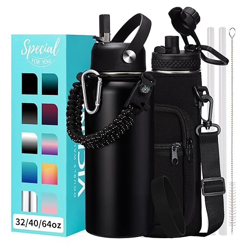 VICKNIY 32oz Insulated Water Bottles - with Straw Spout Lid  Bottle Holder Strap Sleeve  Survival Paracord Handle  Protective Cup Mat  Sweat-Proof Water Bottle  Metal Thermo Flask for Sports Workout