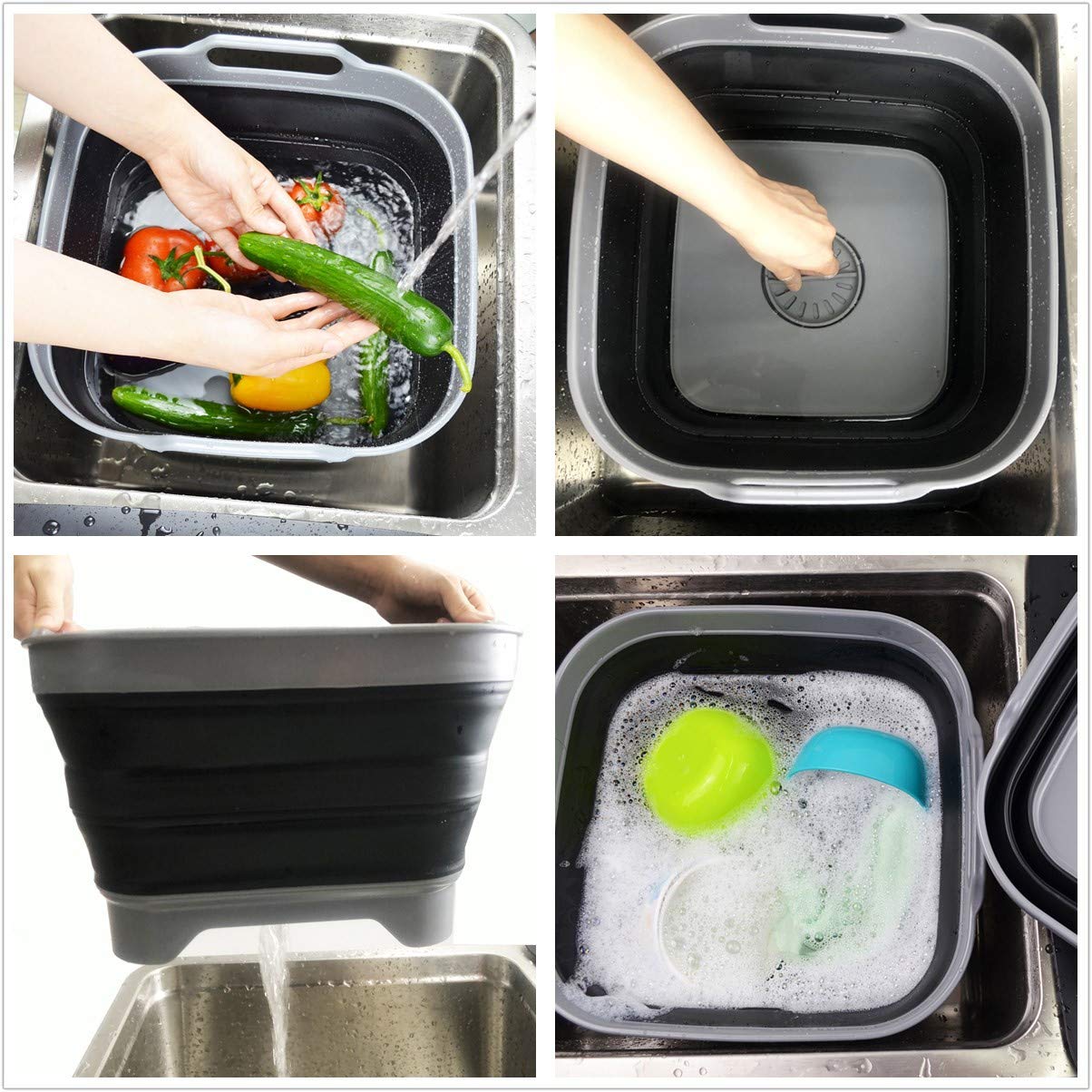 Sammart 10L (2.6 Gallons) Collapsible Plastic Dishpan With Draining Plug - Foldable Washing Tub - Portable Dish Washtub - Space