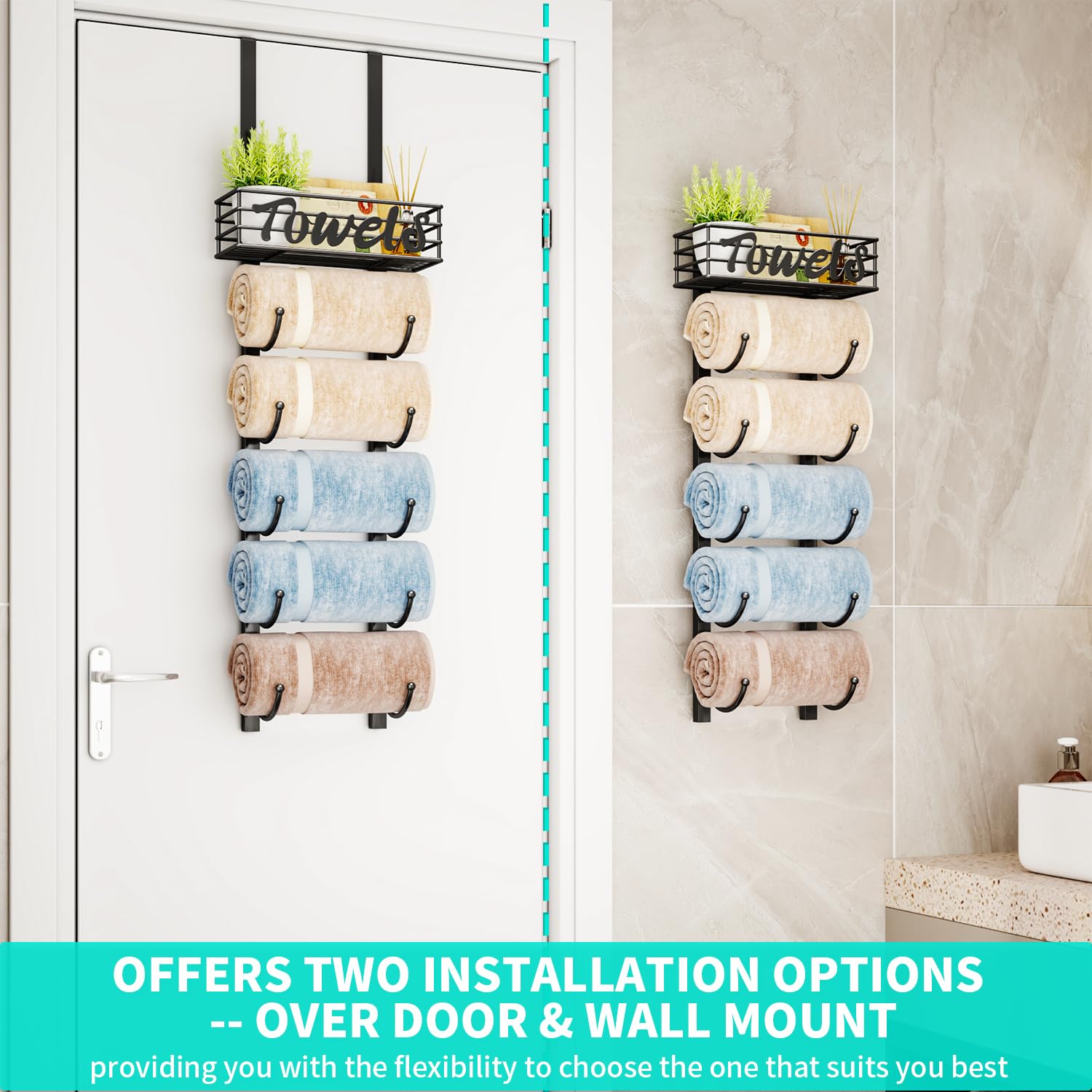 Hapirm 6-Tier Over The Door Towel Racks For Bathroom - Wall Mount Towel Holder With Metal Shelf Basket - Rolled Towel Storage Do