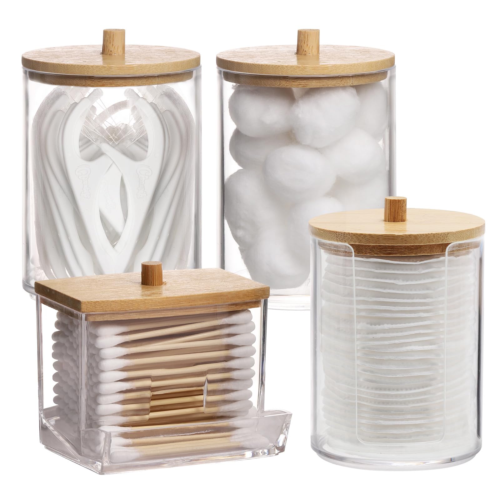 Tbestmax 4 Pack Qtip Holder Bathroom Container, 10/7Oz Cotton Ball Cotton Swabs Pads Dispenser, Apothecary Jar With Bamboo Lids
