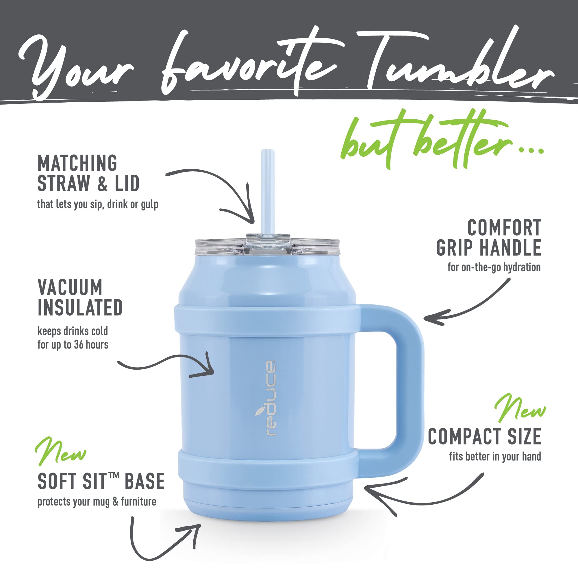 Reduce Cold1 50 Oz Reusable Mug Tumbler With Handle - Insulated Stainless Steel Water Bottle For Home, Office And Gym; Straw Or