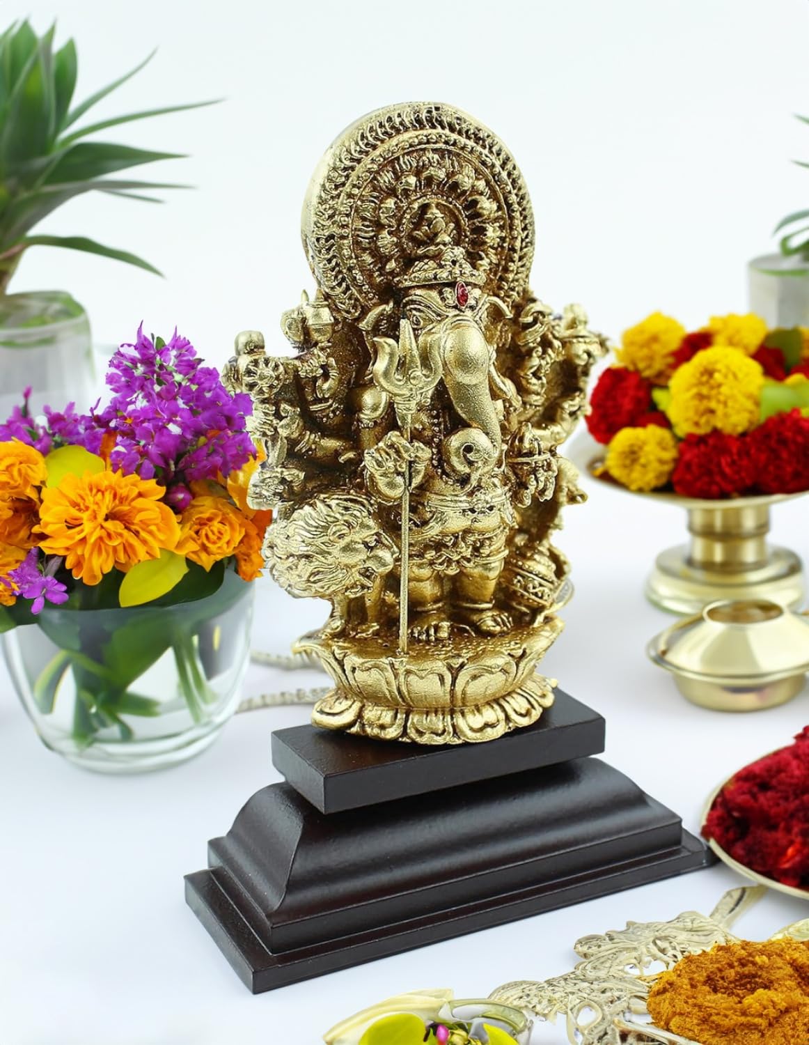 Justclickindia Fiber Resin Action Sri Shubha Drishti Ganapathy Idol, 5 Inch (Gold And Brown)