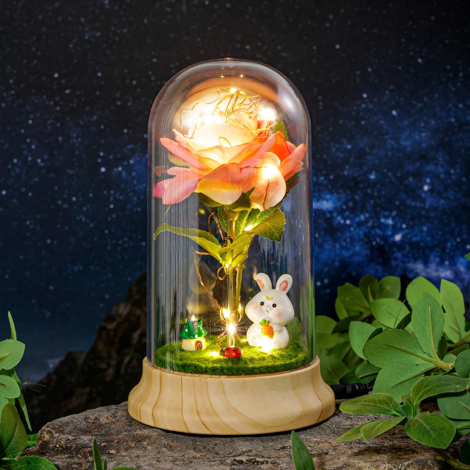 Pink Roses from Daughter for Mom Mothers Day, Beauty and The Beast Rose, with LED Light Up Rose in Dome, for Wife Grandma Christ