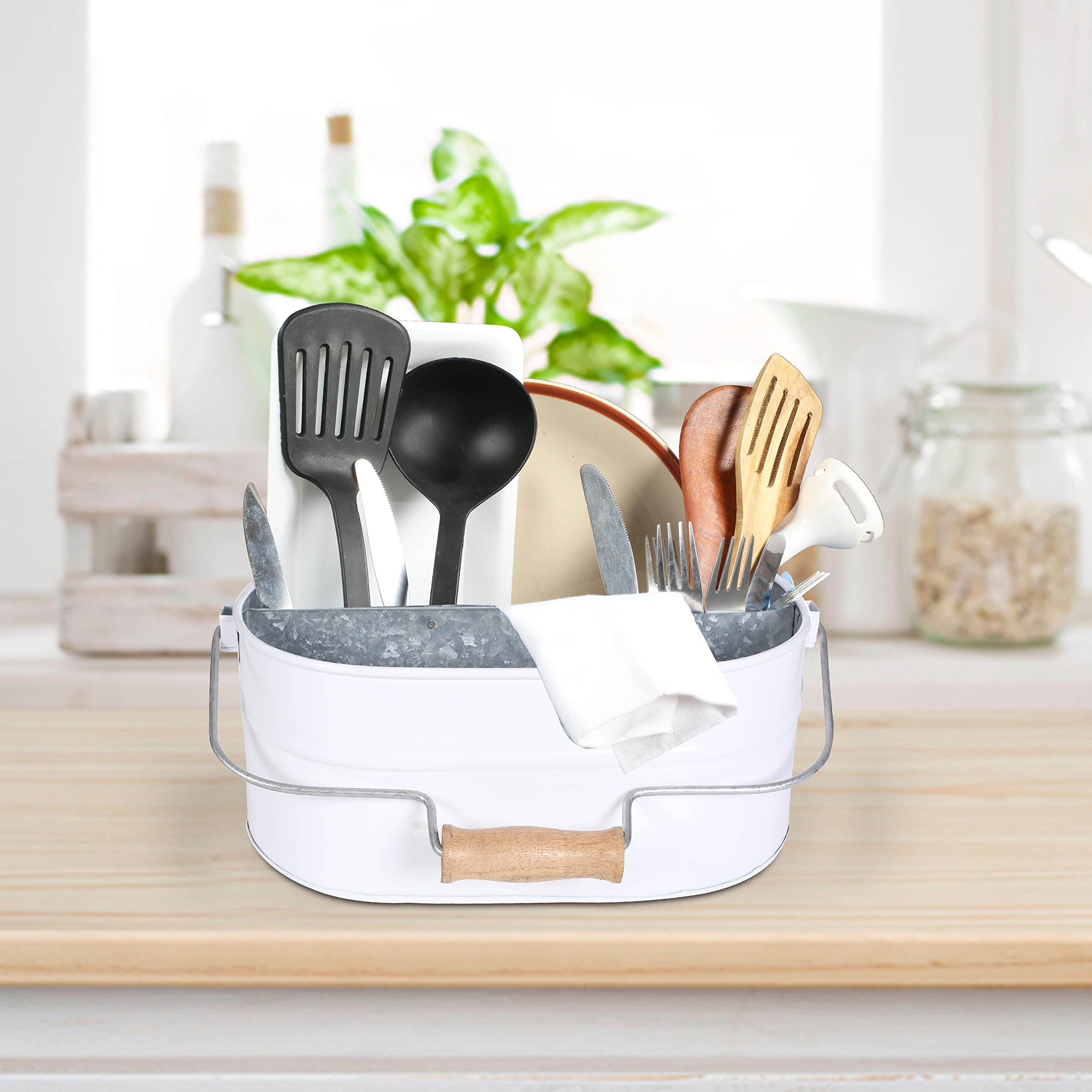 Light & Pro Farmhouse Rustic Silverware Utensil Carry All Caddy - Galvanized Organizer Caddy With Dividers, Wooden Handle Storag