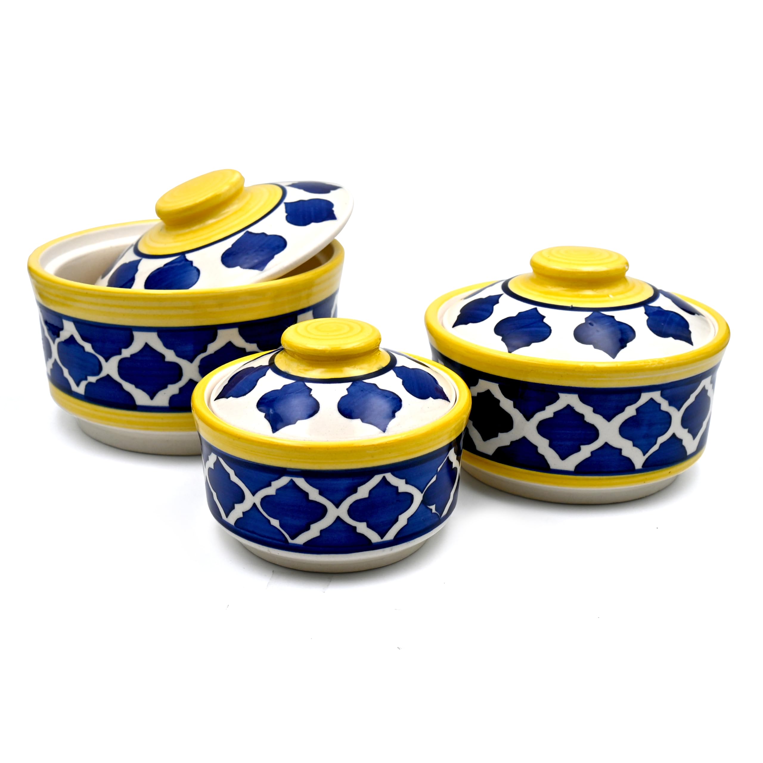 Shadowgreen - Ceramic Serving Donga Set With Lid - Gravy Donga Set - Dinner Bowl With Lid - (Set Of 3-750Ml 500Ml 250Ml) (Blue Y