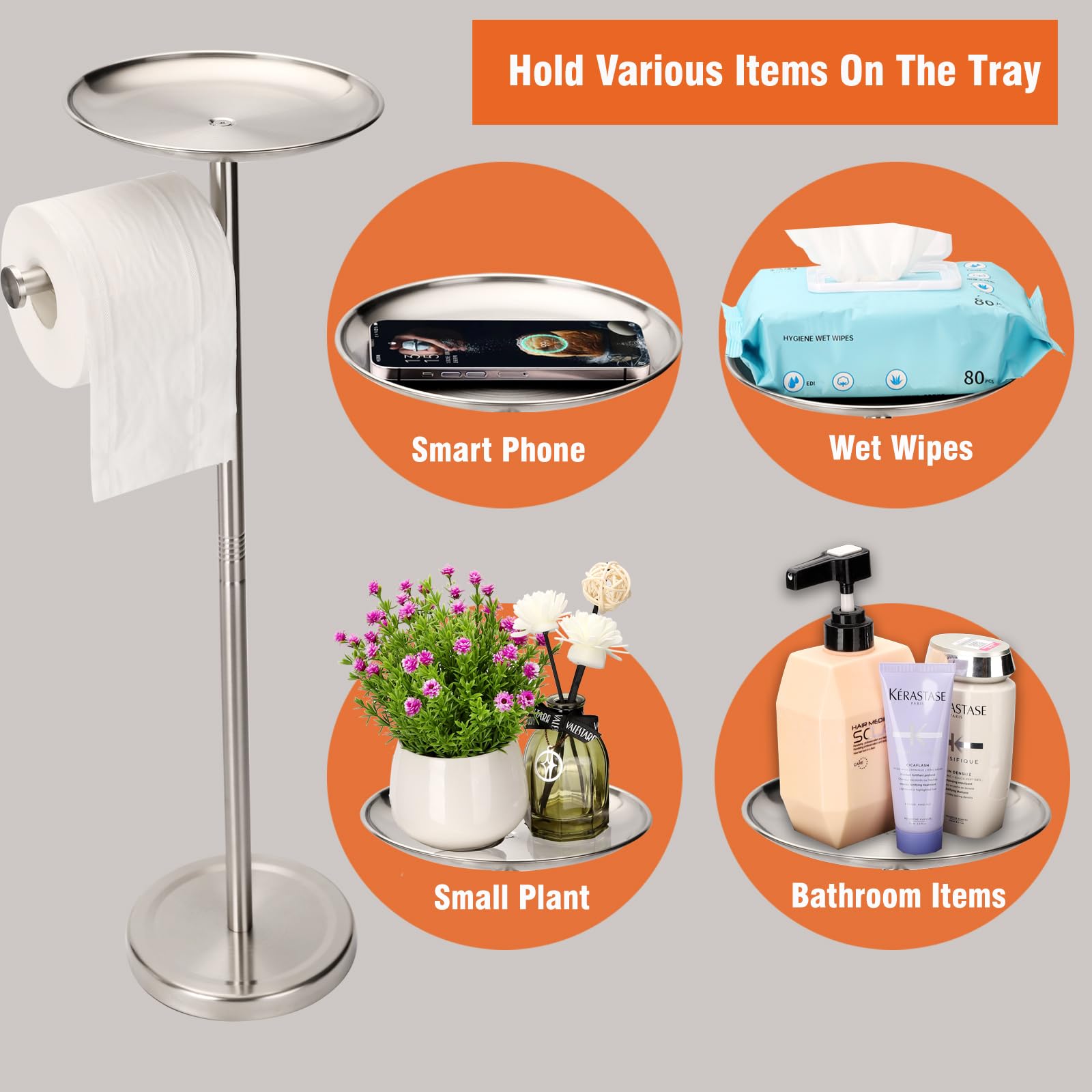 Tofix Toilet Paper Holder With Shelf, Toilet Paper Holder With Tray At The Top, Freestanding Toilet Paper Holder (Stainless Stee