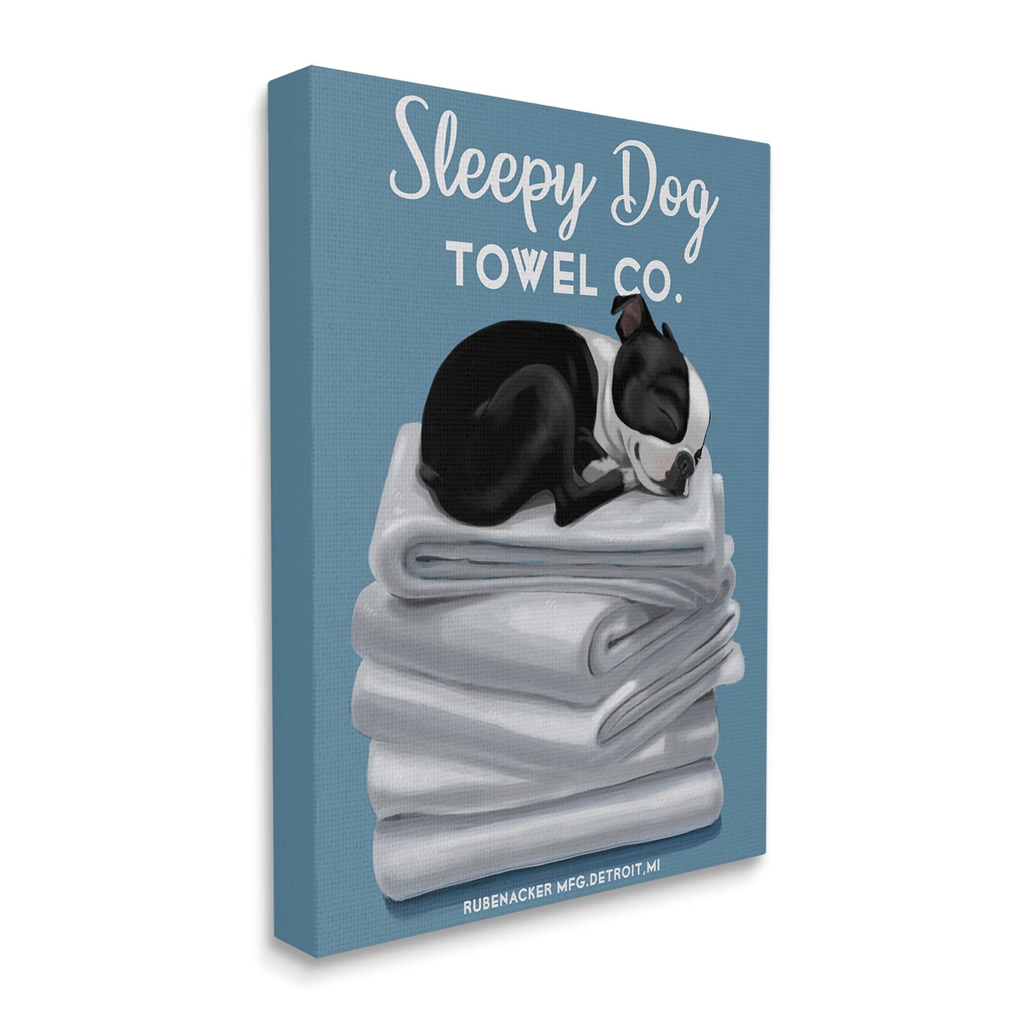 Stupell Industries Sleepy Dog Towel Co. Adorable Boston Terrier Bathroom, Design By Brian Rubenacker Canvas Wall Art, 16 X 20, B