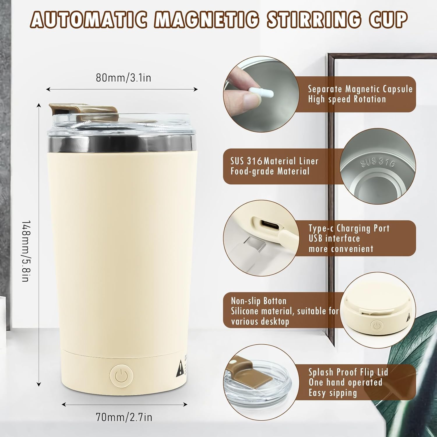Free Rock Self Stirring Mug With Lid 13.5 Oz Electric High Speed Mixing Cup 400Ml Rechargeable Automatic Stirring Coffee Mixer C
