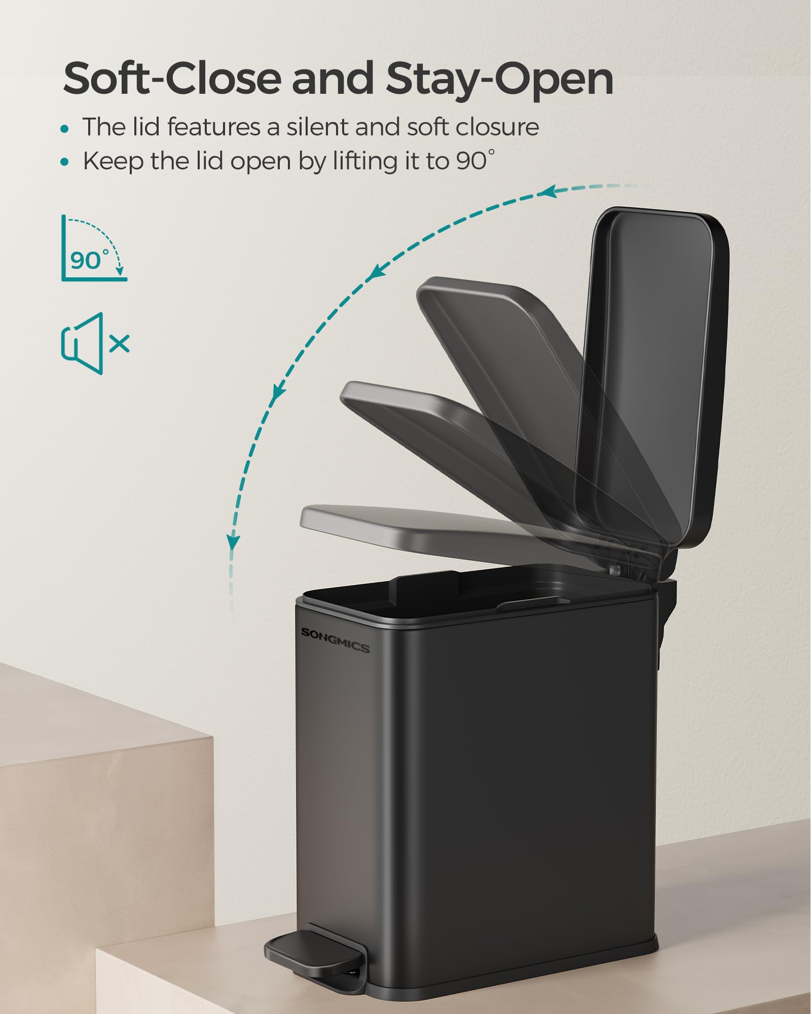 Songmics Bathroom Trash Can, 2.6 Gallon (10 L) Small Trash Bin With Lid, Slim For Small Spaces, Stainless Steel Garbage Can, Sof