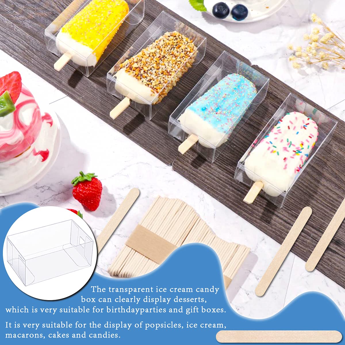Doerdo Dd 75Pieces Clear Popsicle Cakesicle Boxes Set, Include Transparent Pet Ice Cream Box And 50Pieces Wooden Popsicle Sticks