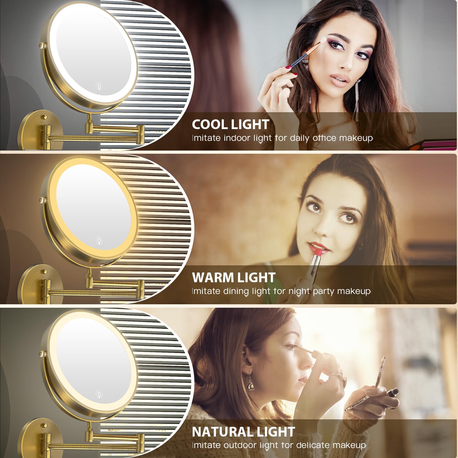 Mnient Wall Mounted Lighted Makeup Mirror,8 Rechargeable Double-Sided Light Up Magnifying Mirror 1X/10X,3 Color Led Vanity Mirro