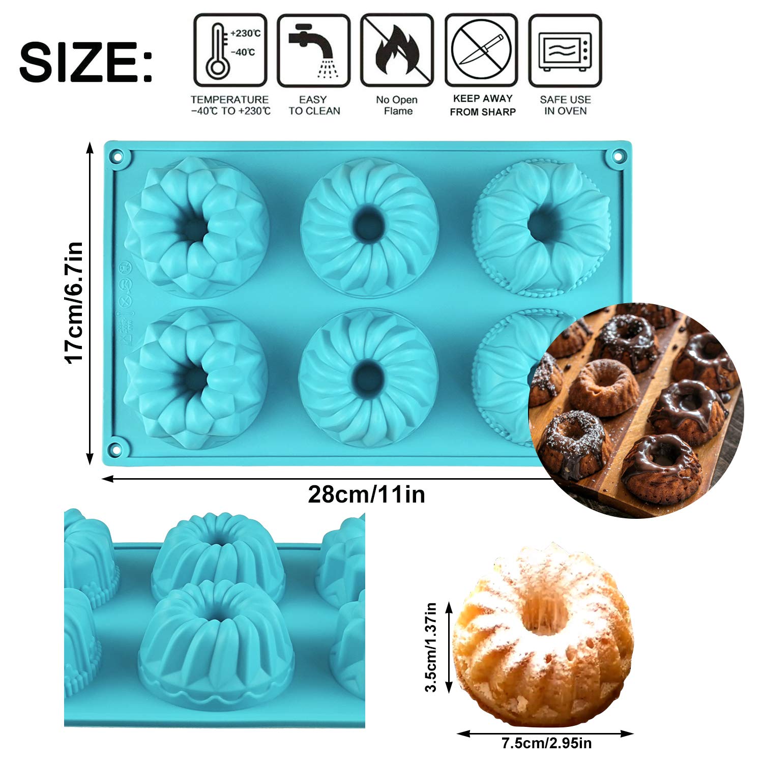 Mity Rain Mini Cake Pan - Silicone Fluted Tube Cake Pans European Grade Non Stick Fancy Molds For Jello, Cupcake, Doughnut Donut
