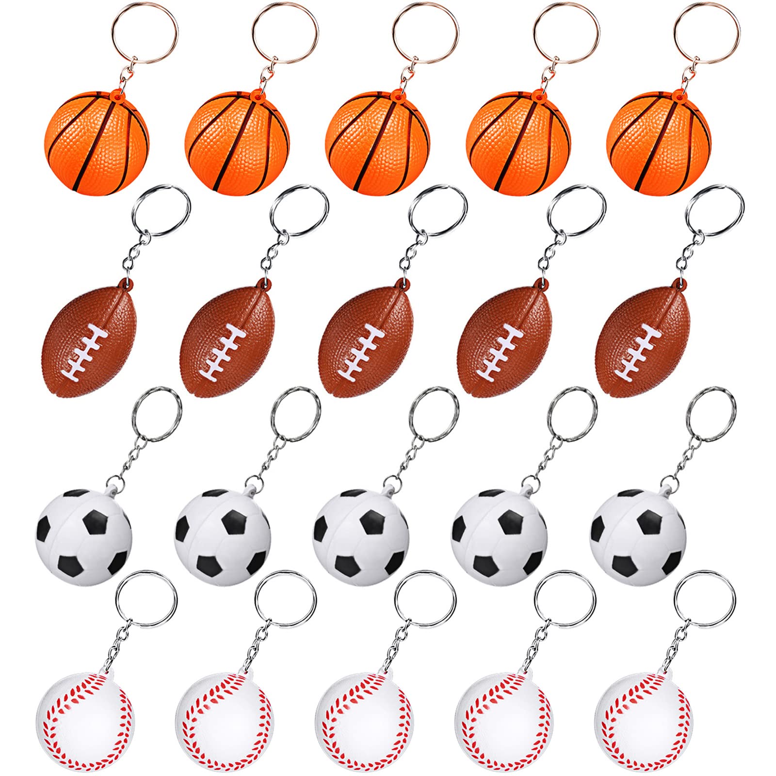 Blulu 20 Pack Sport Party Favors Ball Keychains for Kids, Mini Foam Balls with Soccer Basketball Rugby Baseball for Boys Goodie 