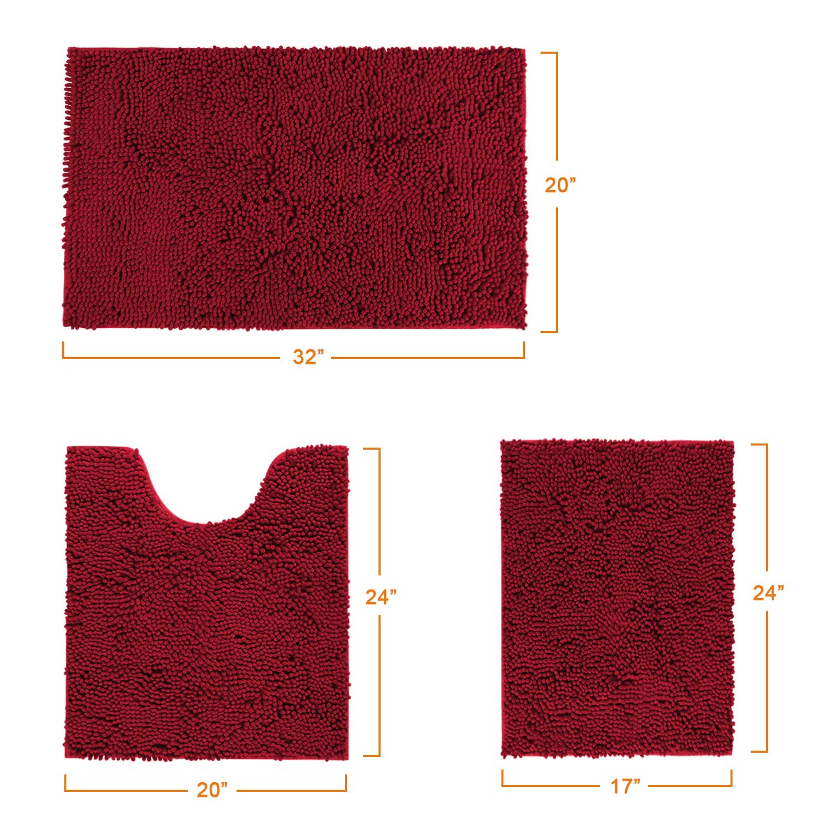 BYSURE Burgundy Bathroom Rugs Sets 3 Piece Non Slip Extra Absorbent Plush Chenille Soft Washable Bath Rugs and Mats Set