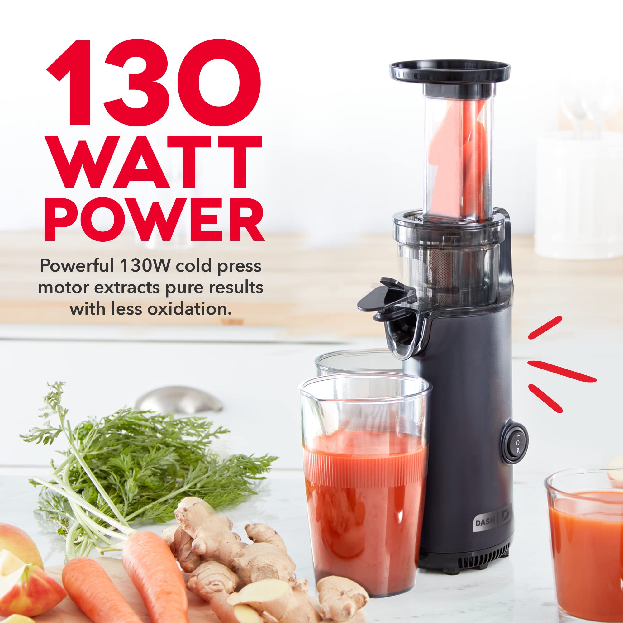DASH Deluxe Compact Masticating Slow Juicer  Easy to Clean Cold Press Juicer with Brush  Pulp Measuring Cup  Frozen Attachment and Juice Recipe Guide - Black